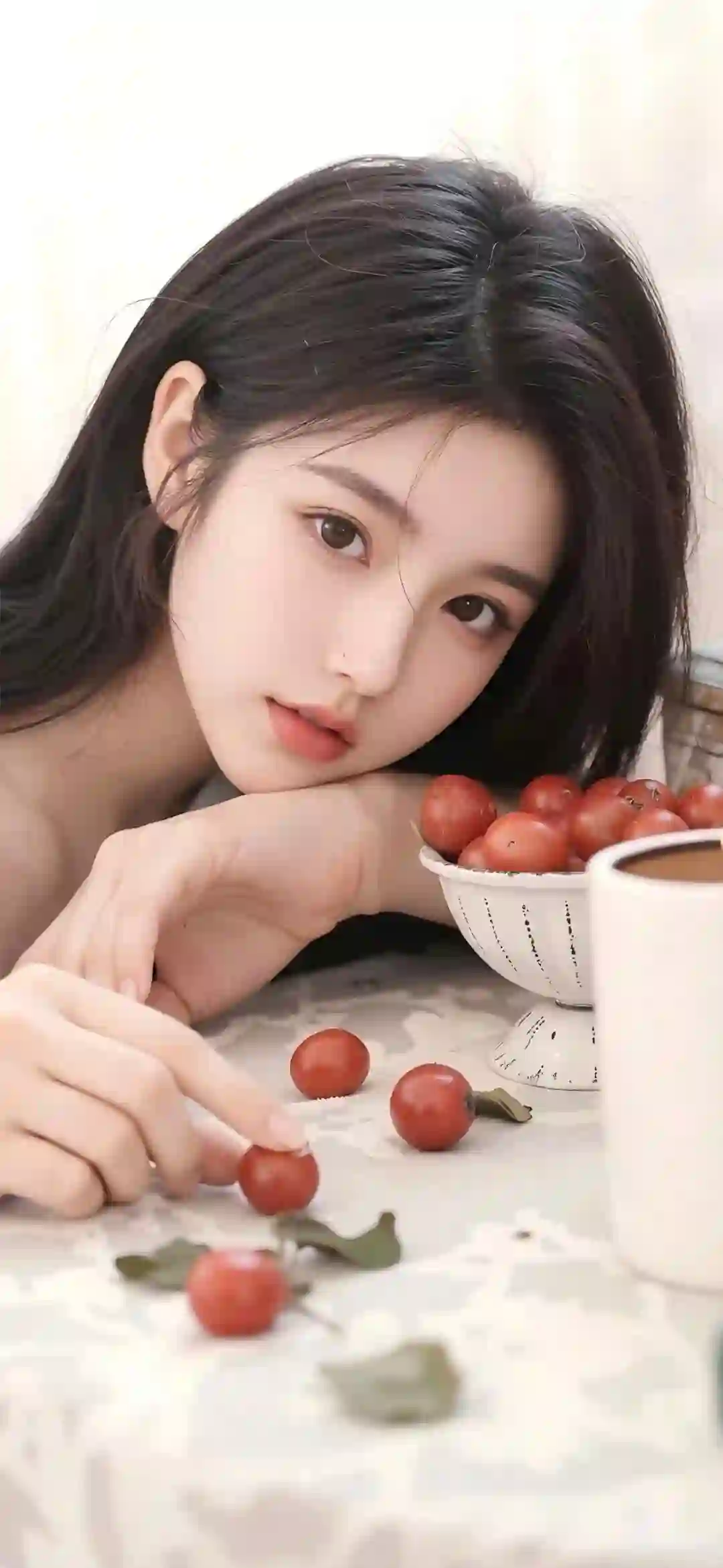 黑发少女 樱桃番茄 清新写真 唯美人像 温暖色调