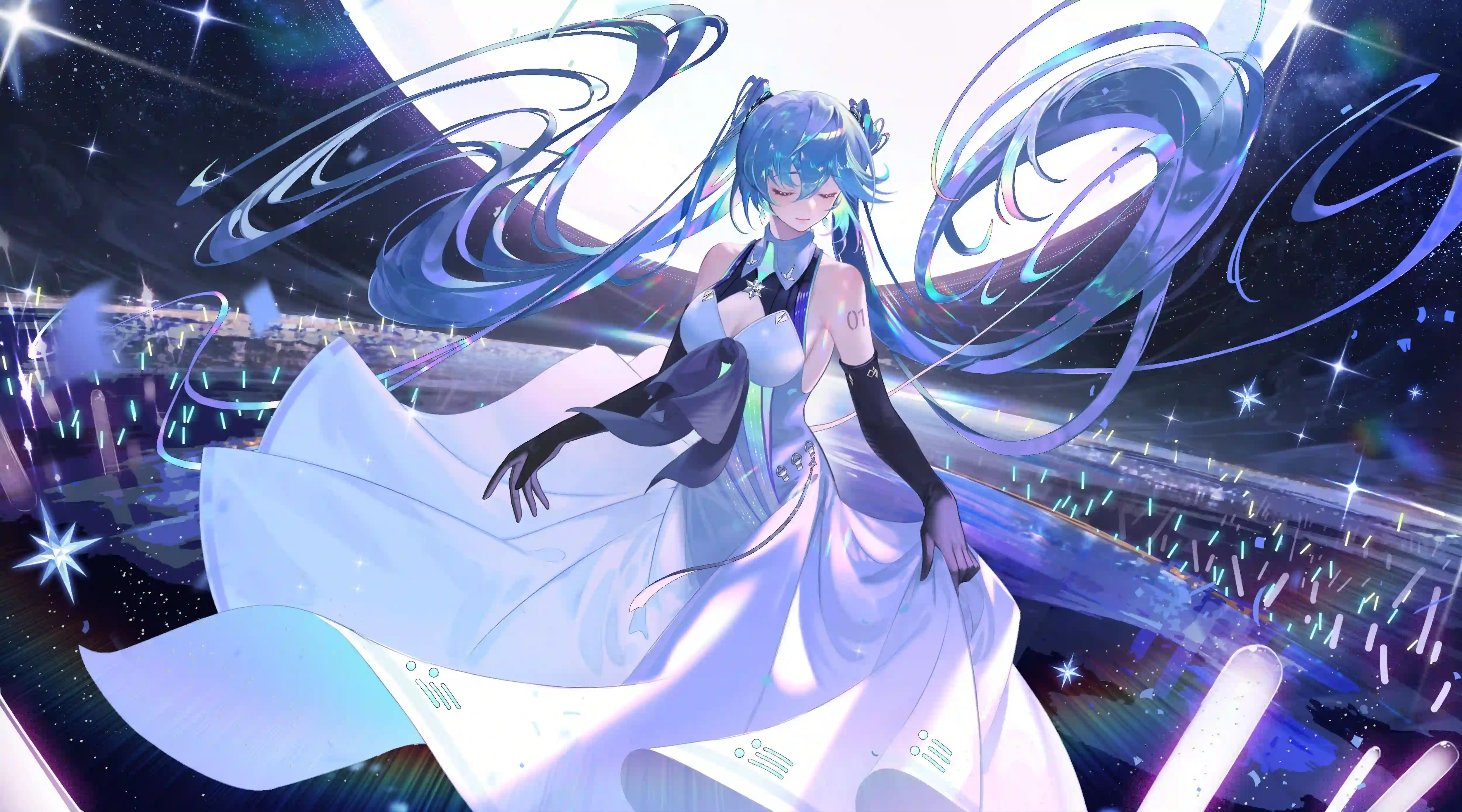 动漫女孩 二次元 双马尾女孩 初音未来 蓝色头发 闪耀星光