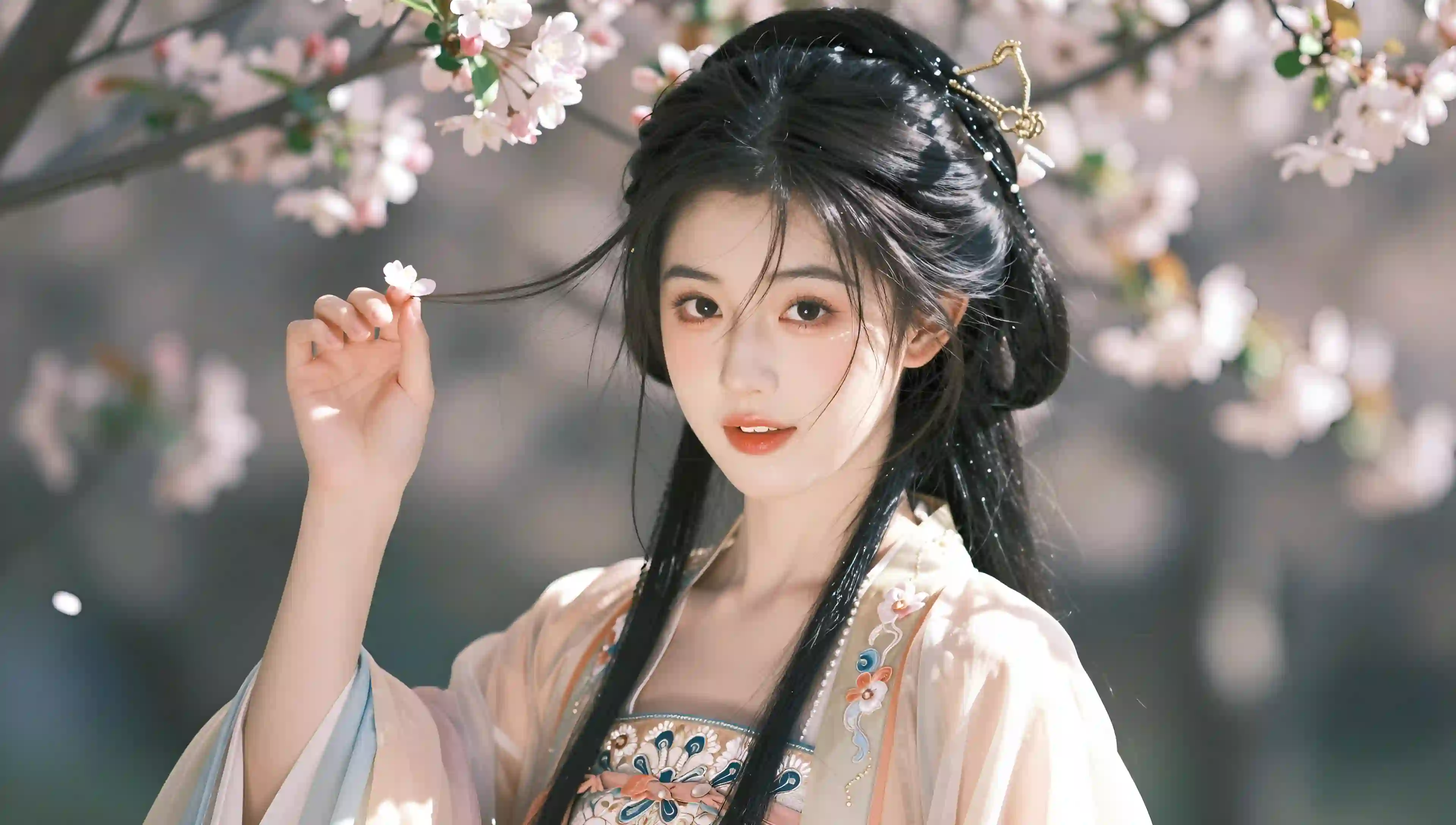 古风 汉服 少女 桃花 手持花朵 唯美