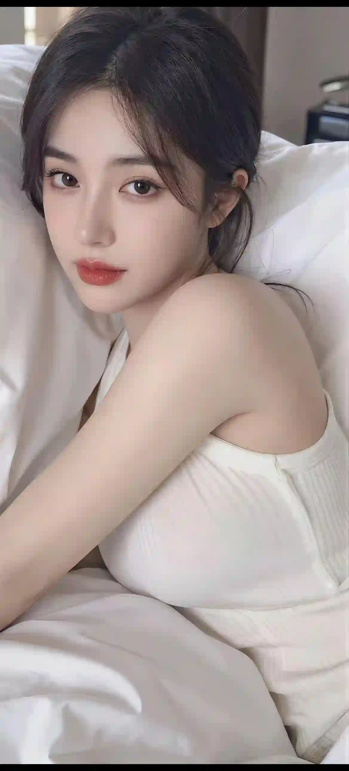清纯少女 白色吊带 卧室写真 人像摄影 唯美 妆容精致