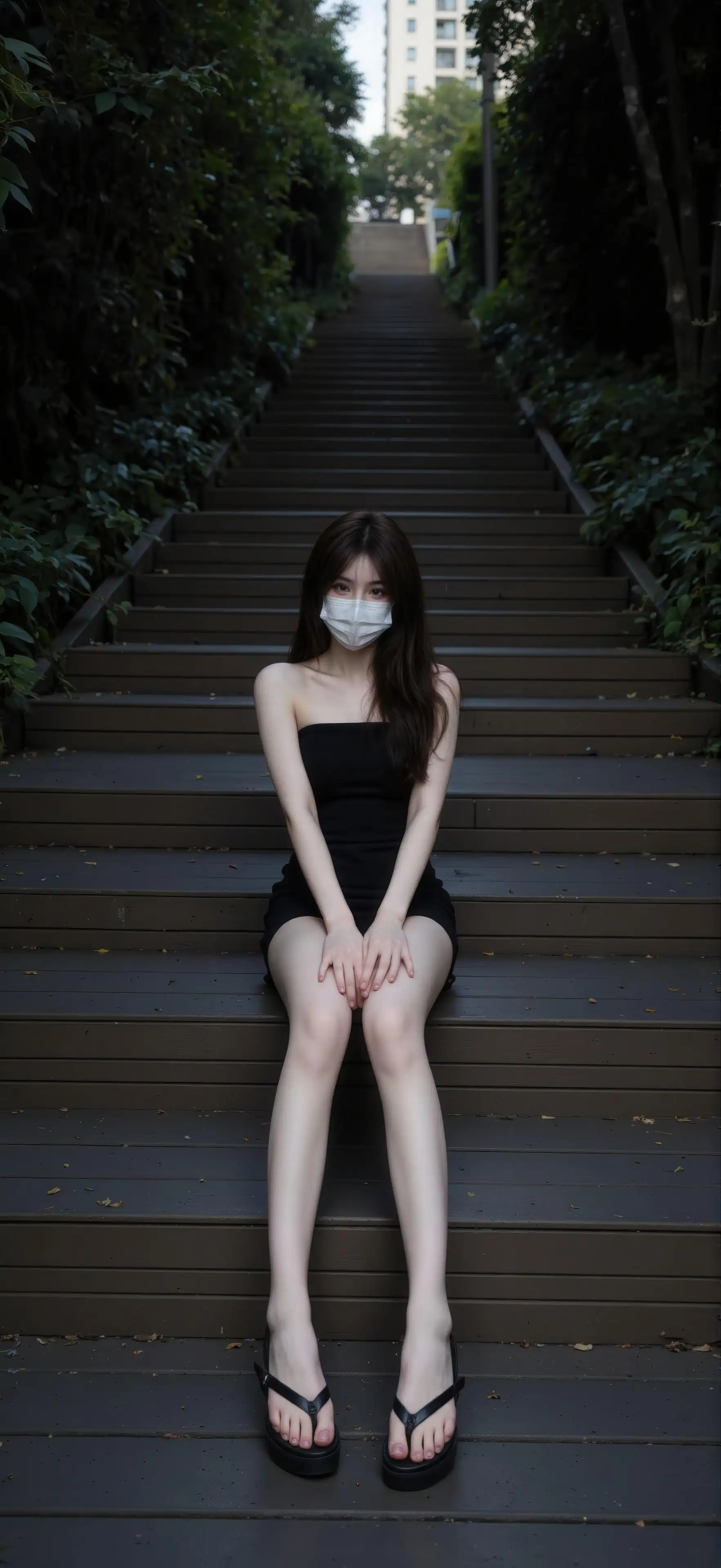 坐在楼梯上的黑发长腿时尚美女