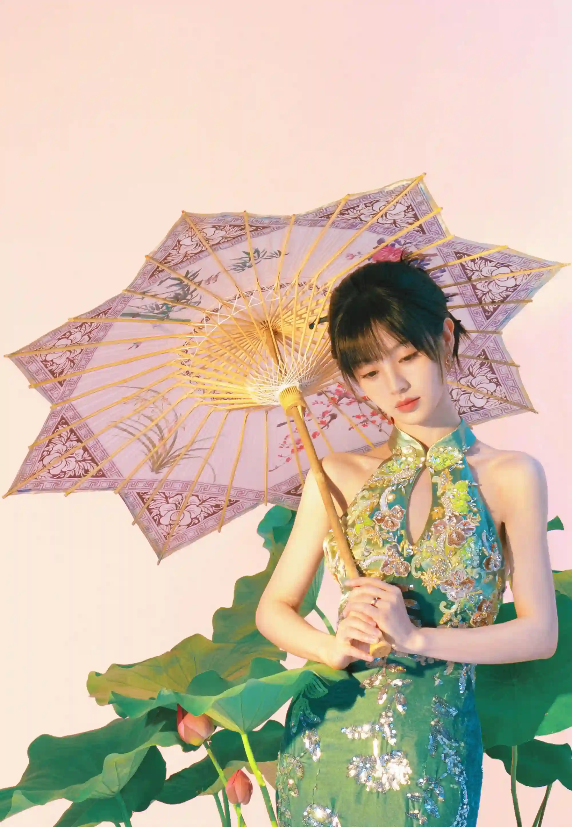 古风美女 绿色荷叶 绿色旗袍美女 田曦薇