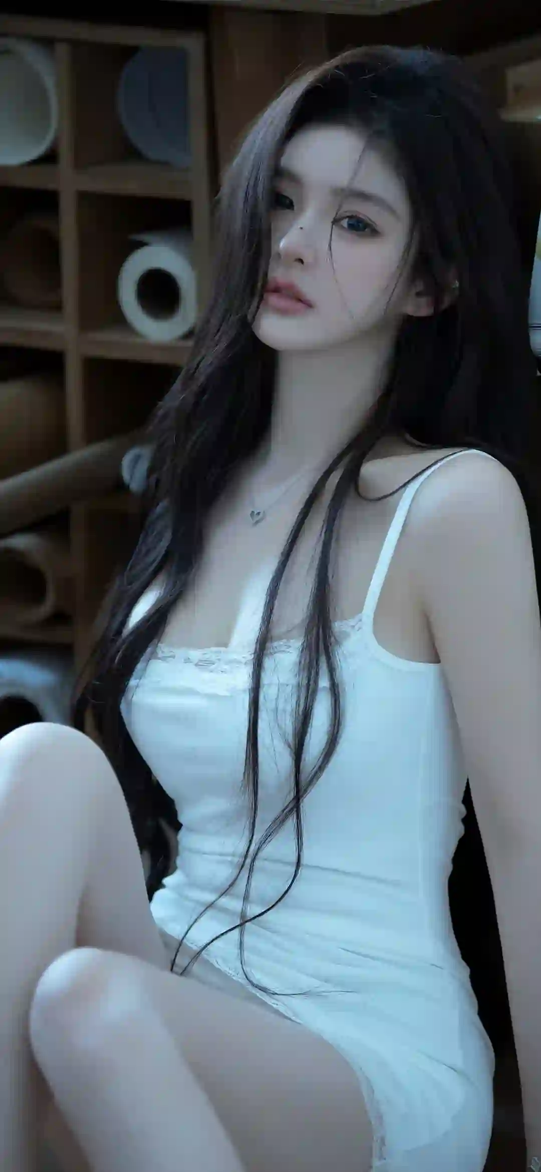 长发性感美女 长腿美女 白色吊带裙 居家写真