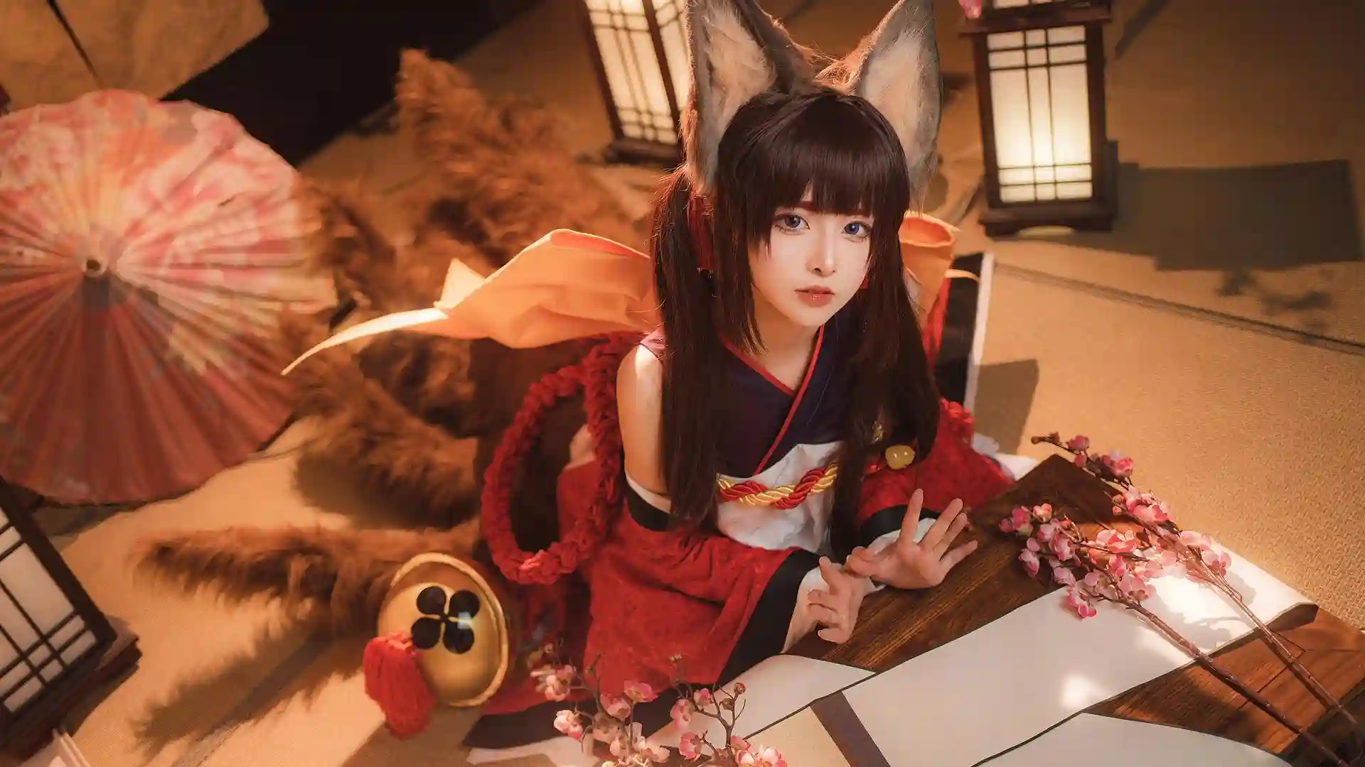 长发和服美女 cos 猫耳女孩 红色衣服