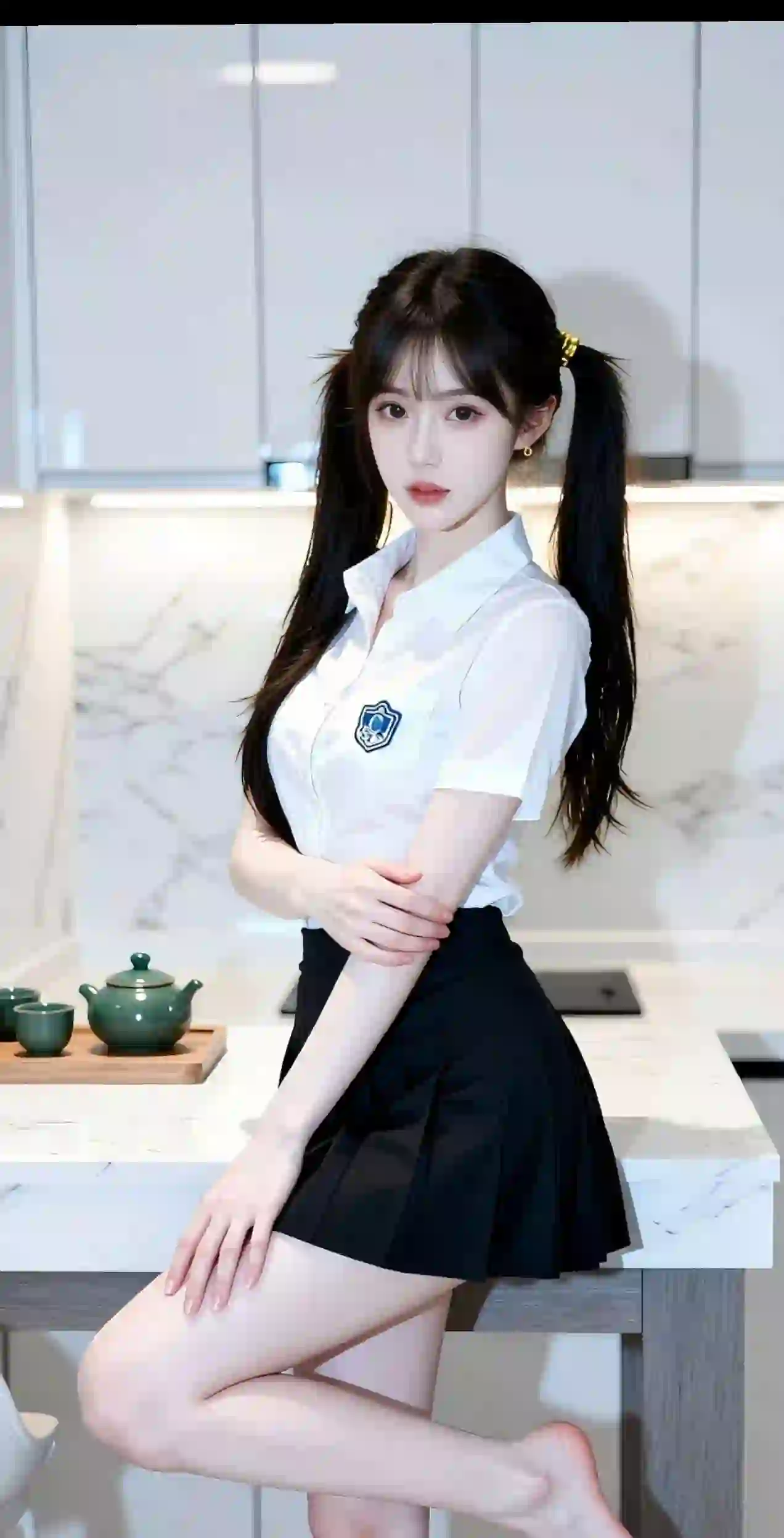 jk制服 长发美女 清纯 居家 双马尾 茶