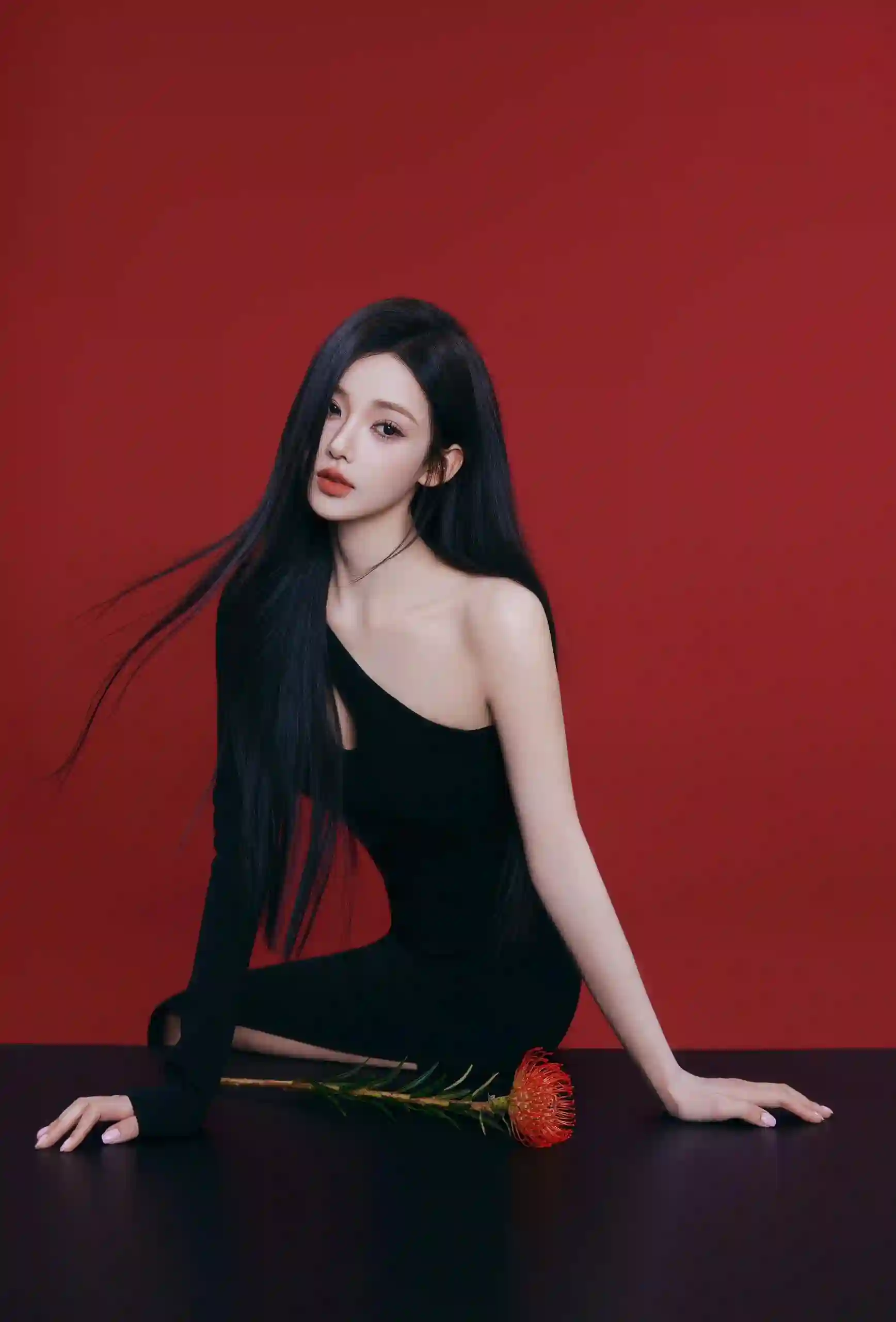 红色背景 长发美女 玫瑰女孩 黑裙美女 长腿美女