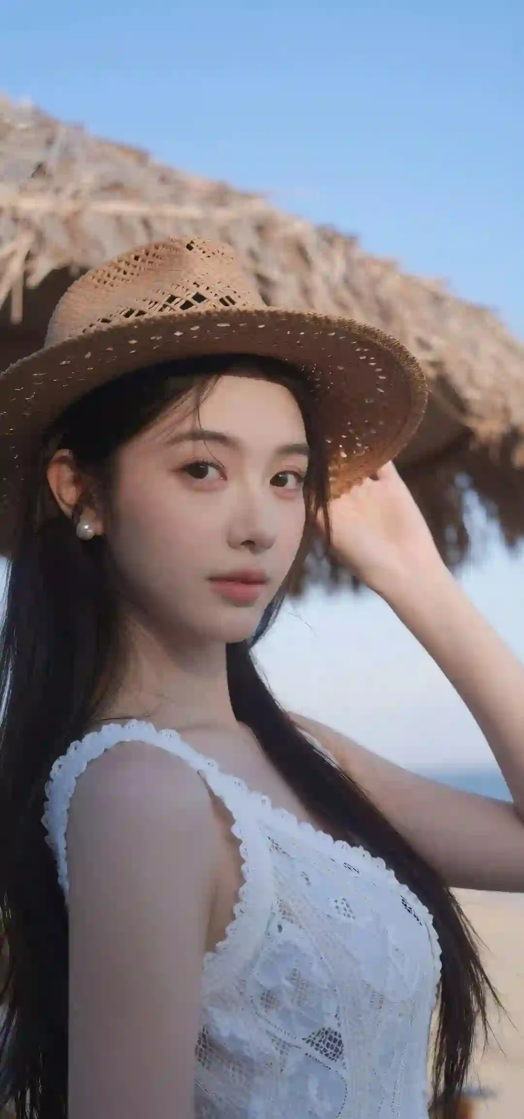 海边 草帽 清纯美女 白色蕾丝 夏日 写真