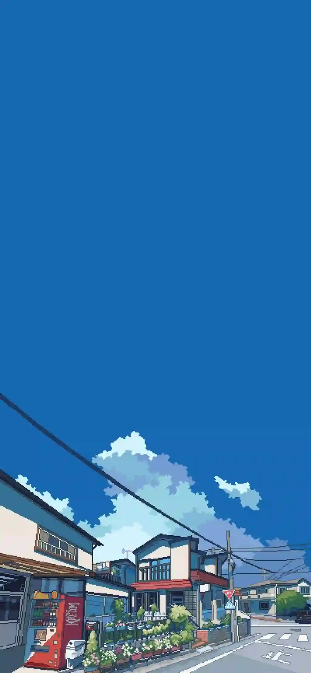 像素艺术 日式街道 蓝天白云 治愈风景 手机壁纸