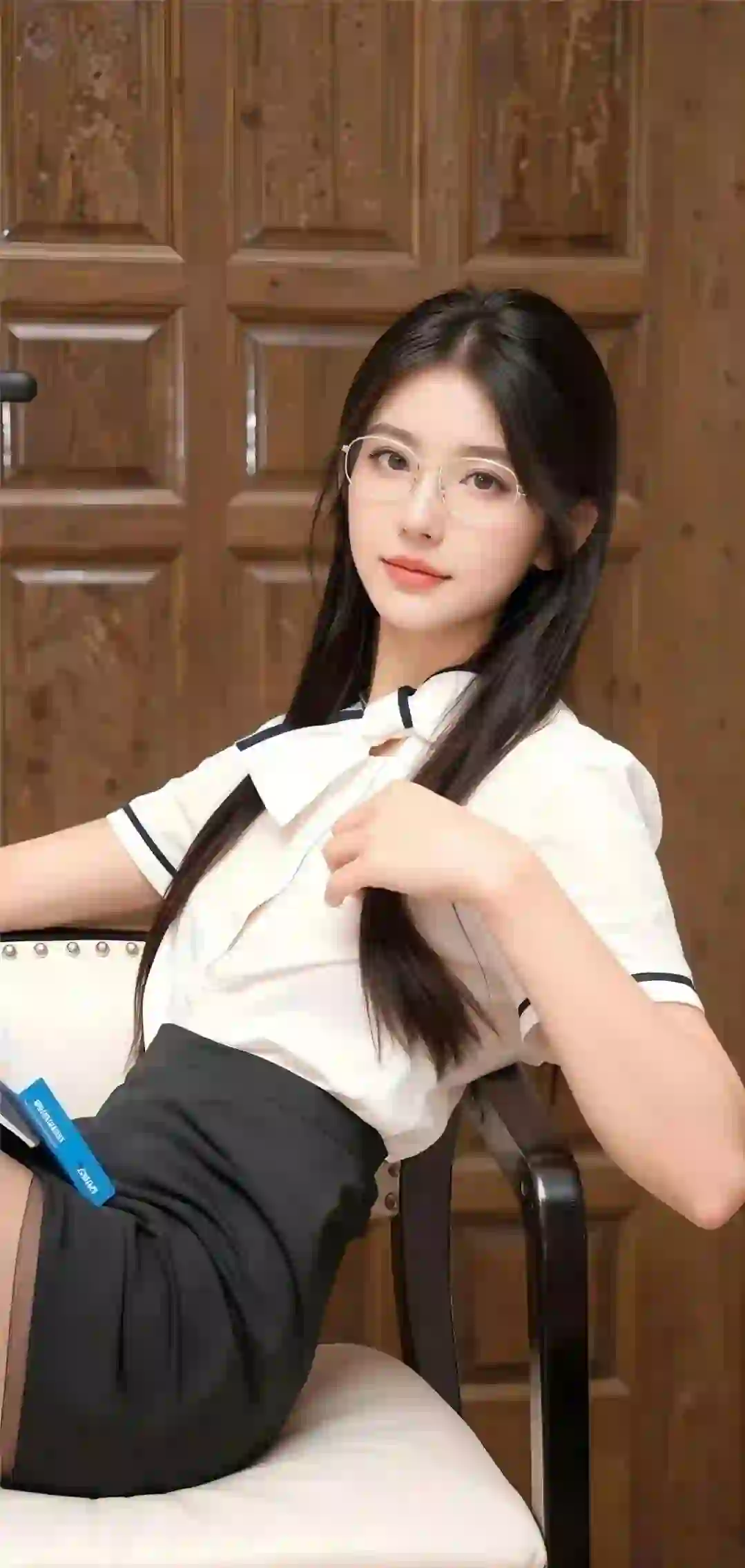 美女 长发美女 职业穿搭 黑色短裙 白色衬衫