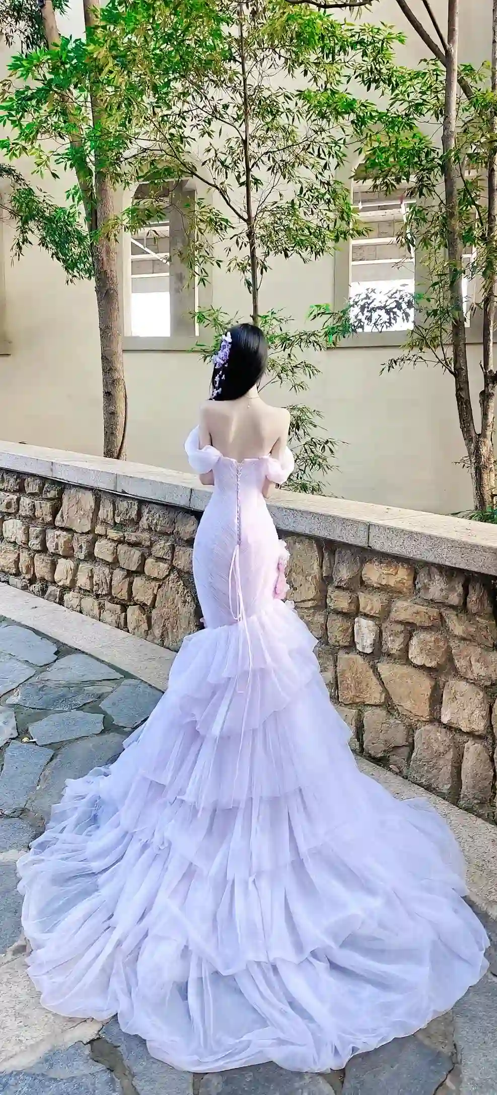 淡紫色纱裙 少女背影 薄纱长裙 庭院写真 唯美人像