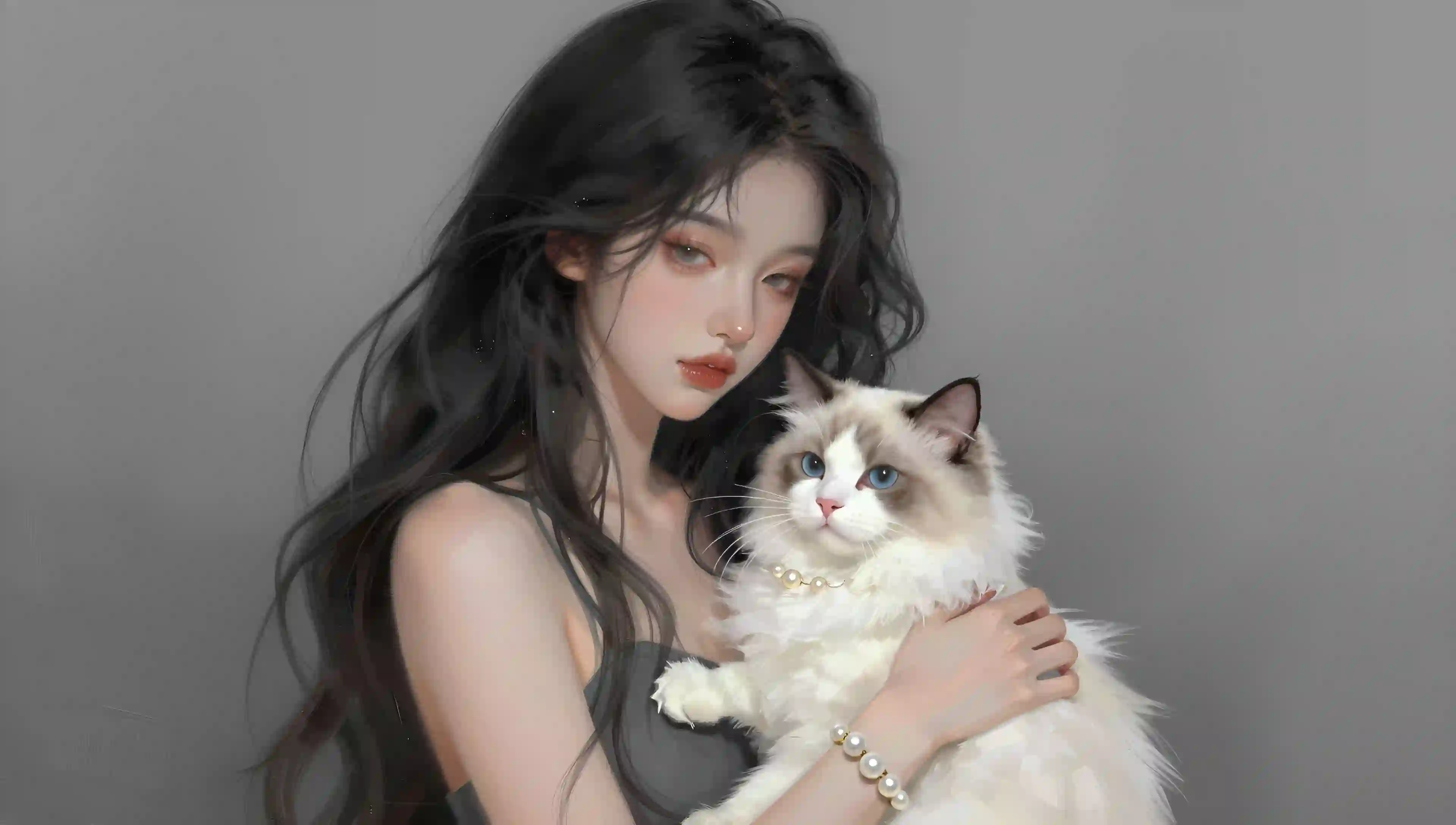 少女 布偶猫 蓝眼 黑发 数字绘画