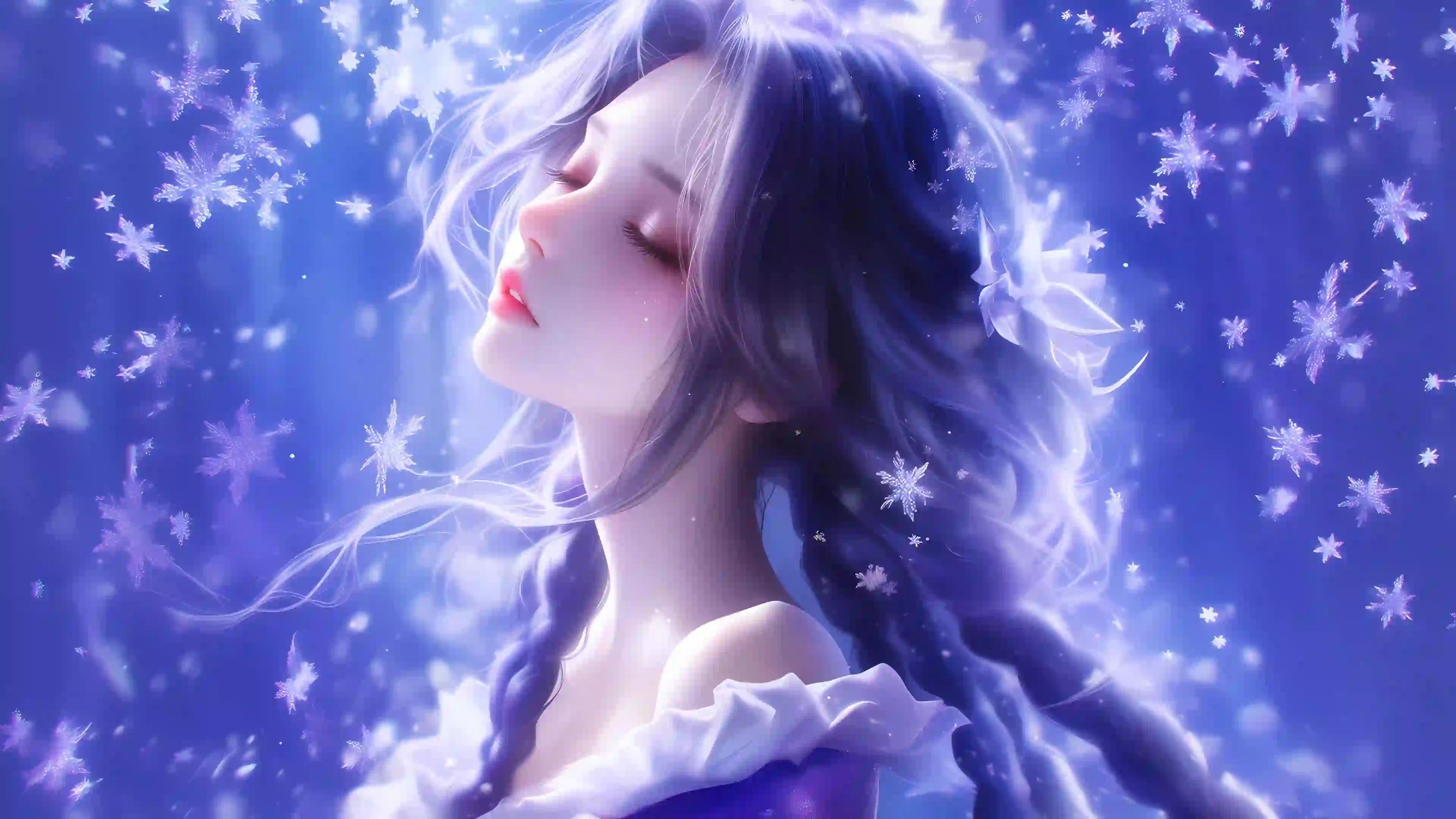 飘雪星空 紫色长辫子美女 唯美闭眼 
