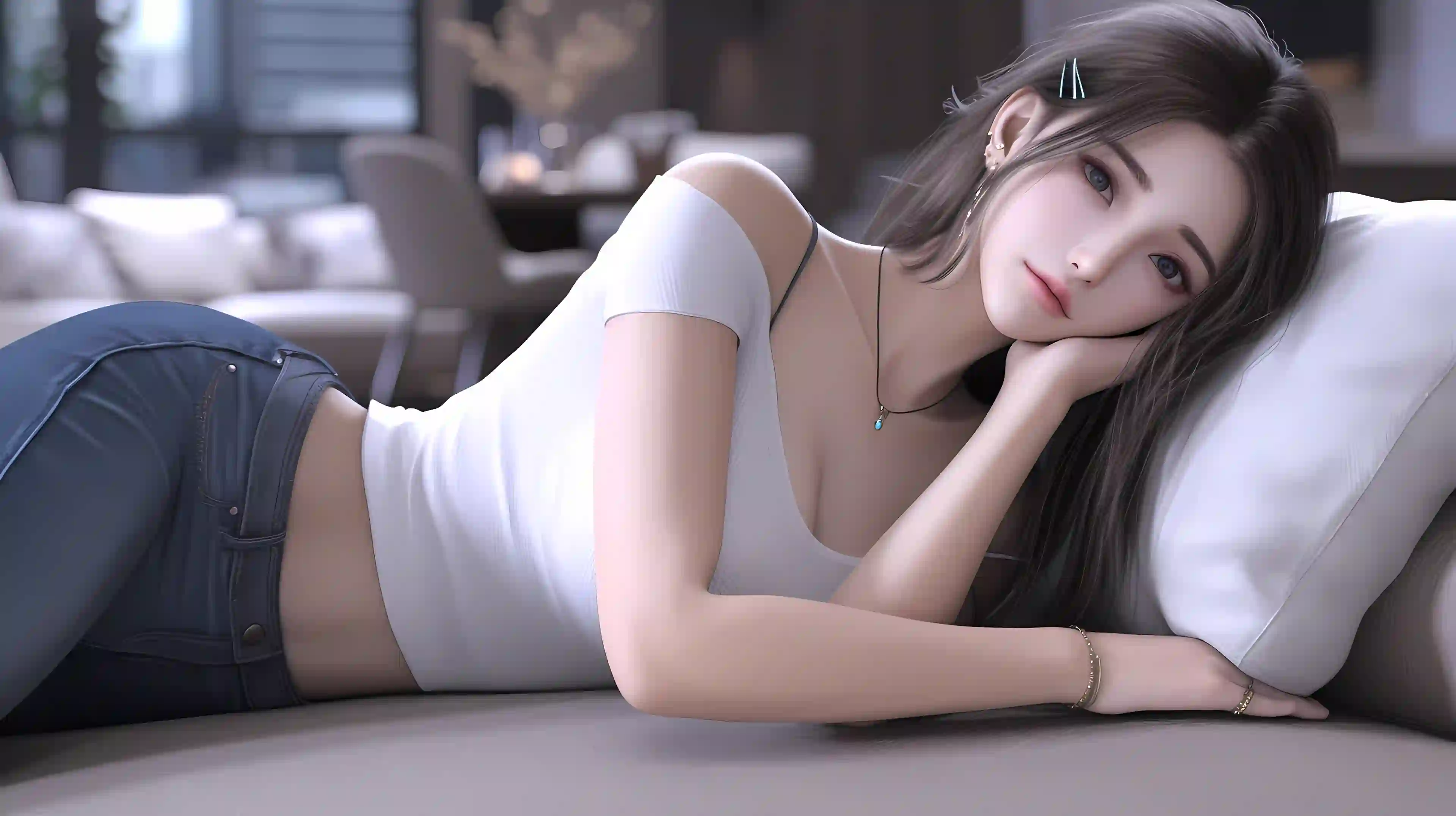 居家场景 性感长发ai美女 长发美女 白色衣服 可爱 清纯