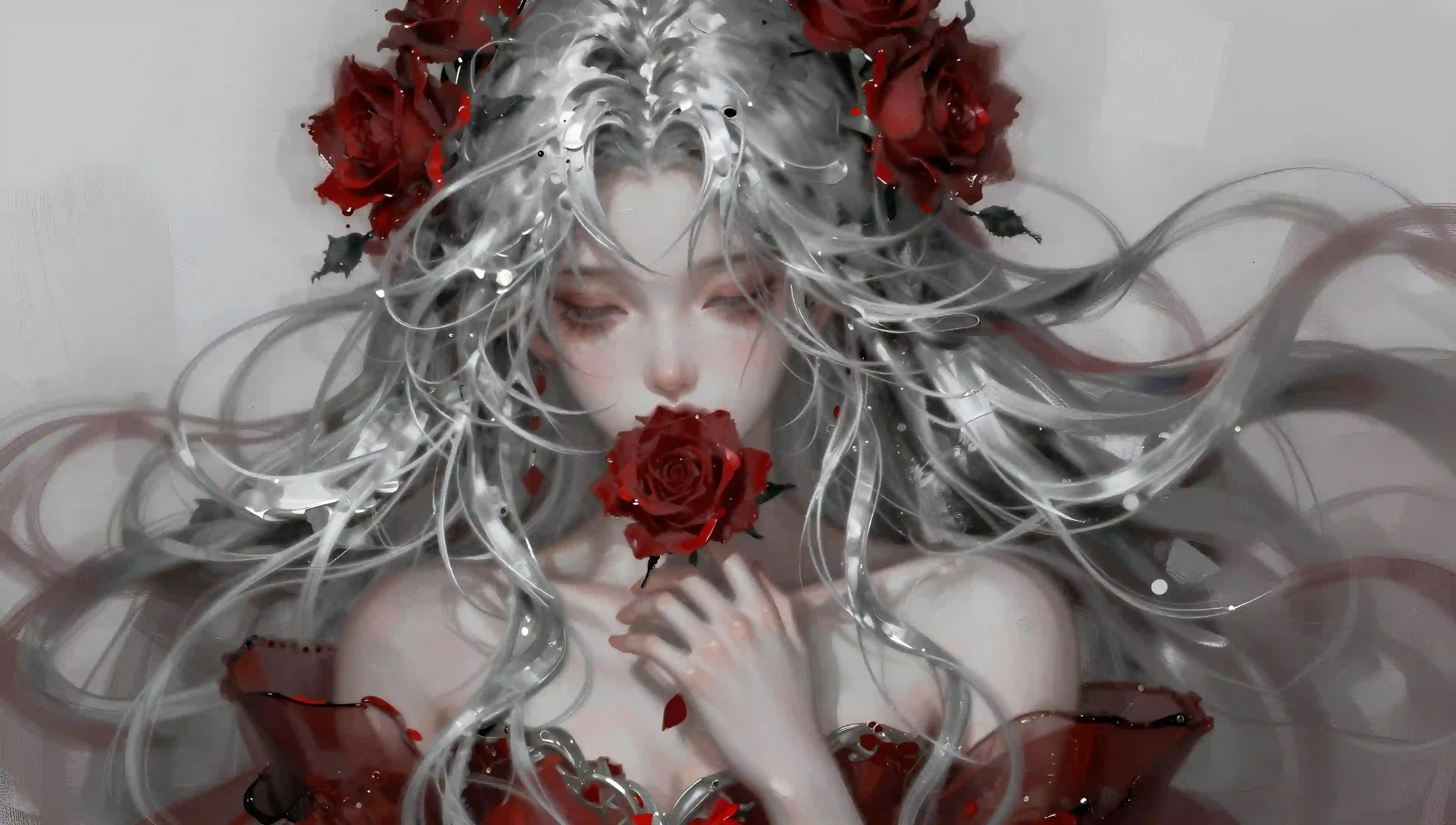 银发 红玫瑰 唯美 AI 艺术