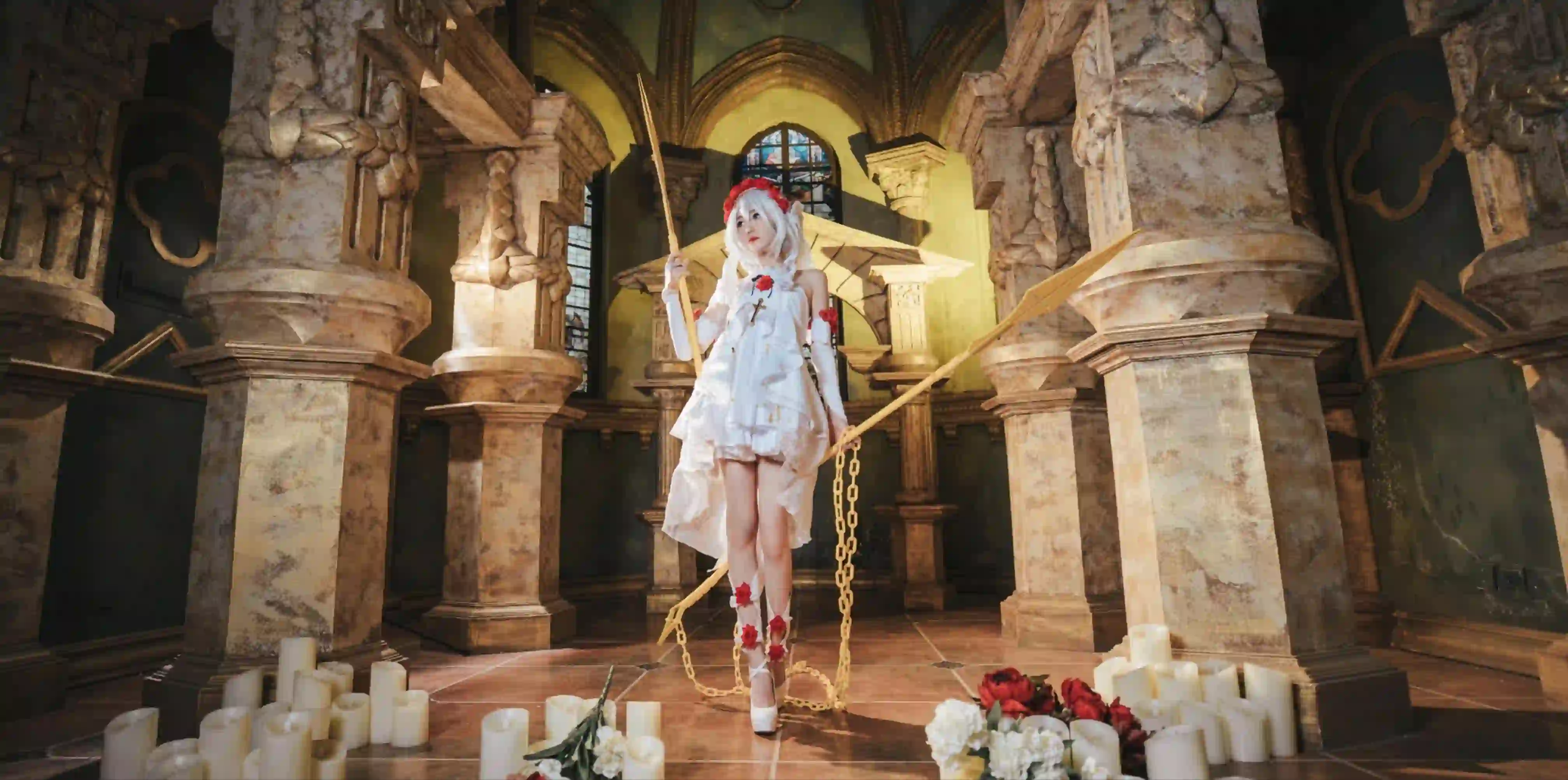 长发美女 白色长发 Coser 白裙少女 古典建筑 
