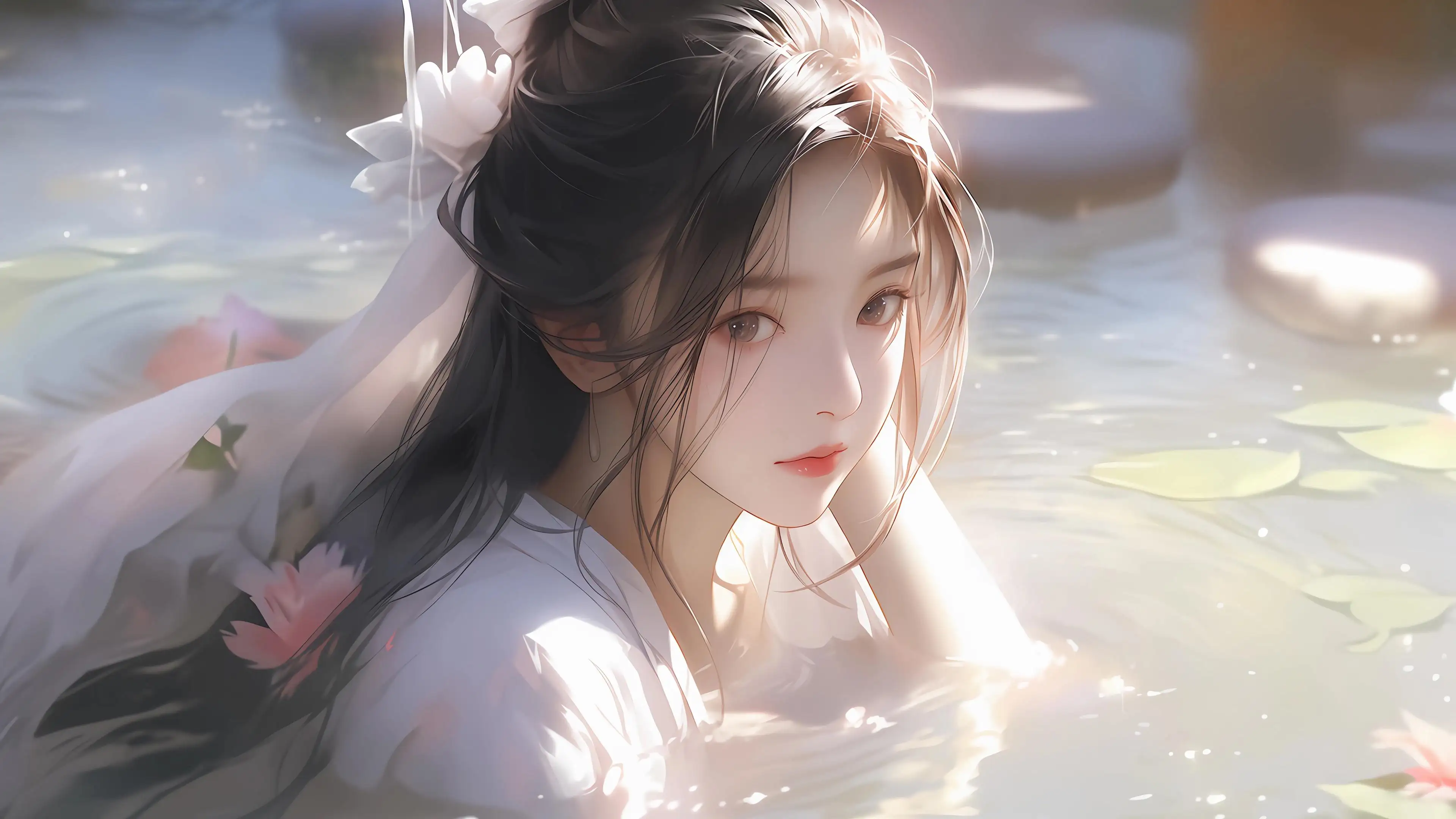 水中古风美女 花 唯美 4K壁纸