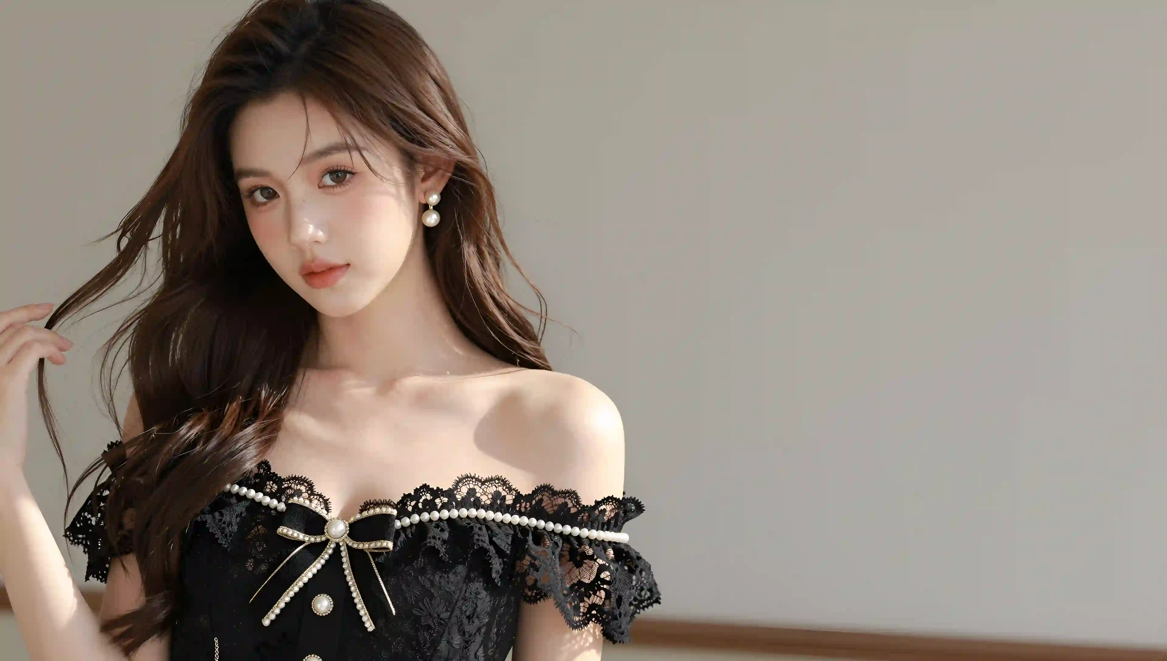 长发性感美女 抹胸穿搭 黑色抹胸长裙 性感