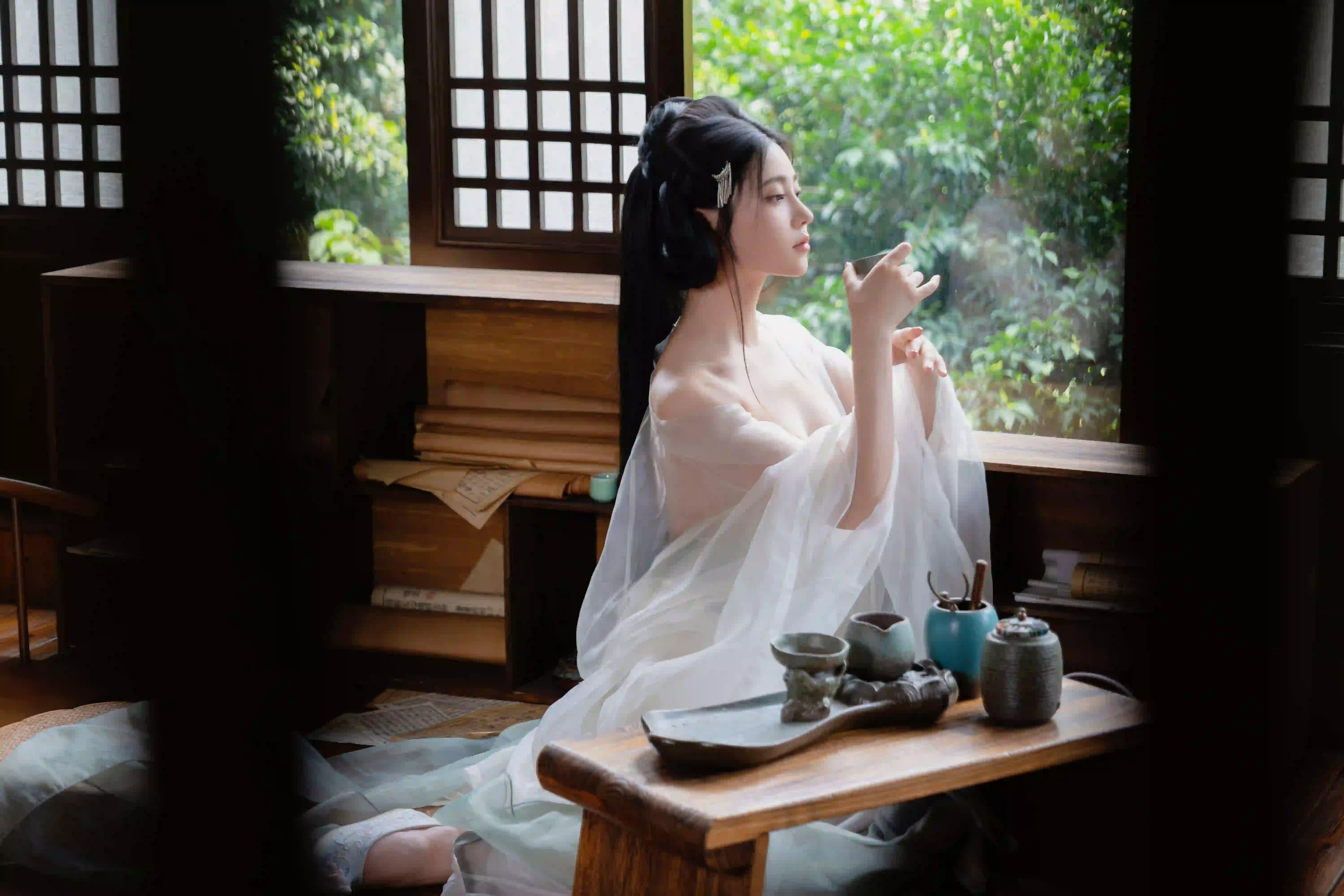 喝茶 古风汉服美女 性感美女 古风穿搭 居家 古风建筑