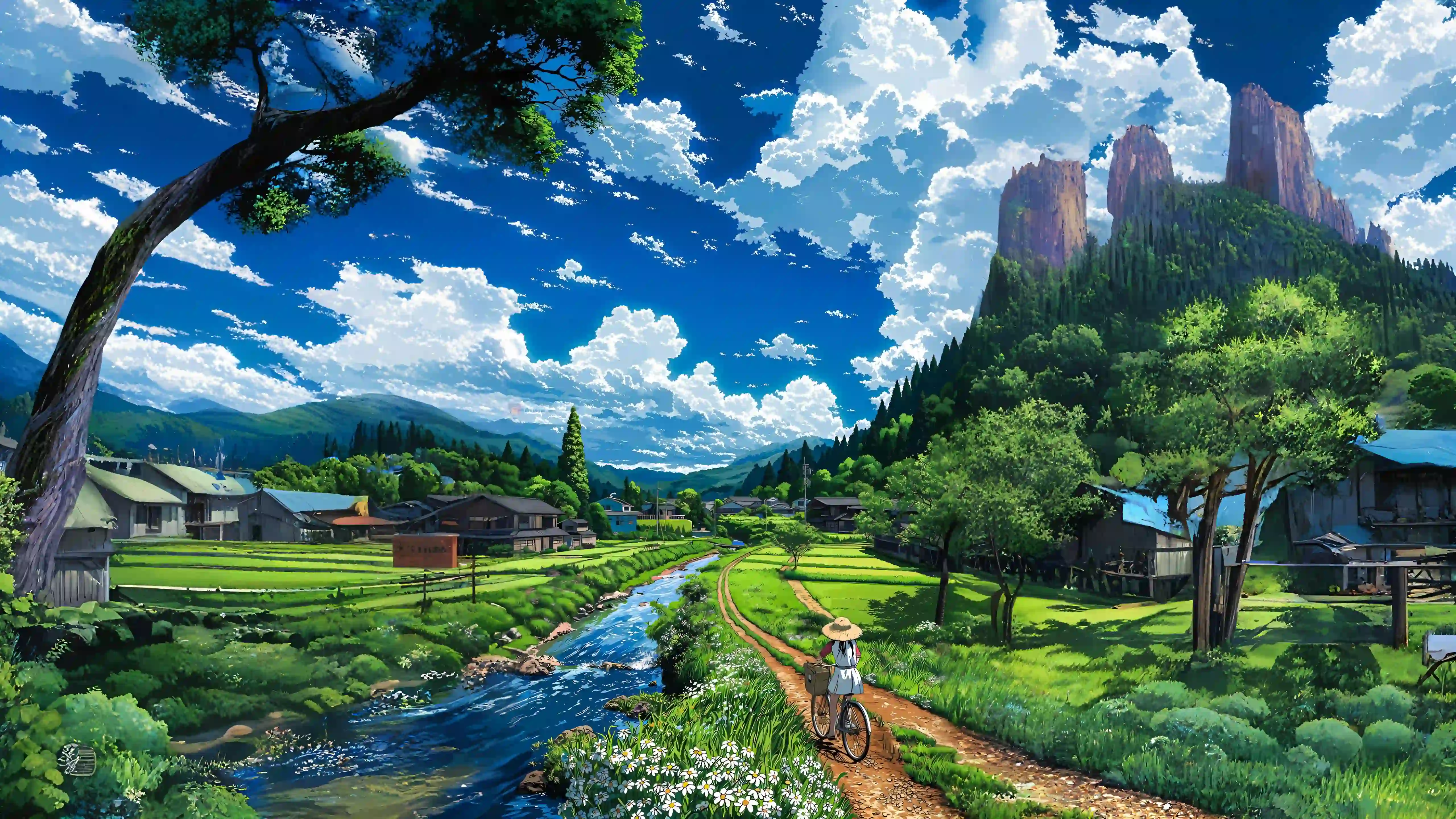 绿色 大自然 蓝天白云 单车女孩