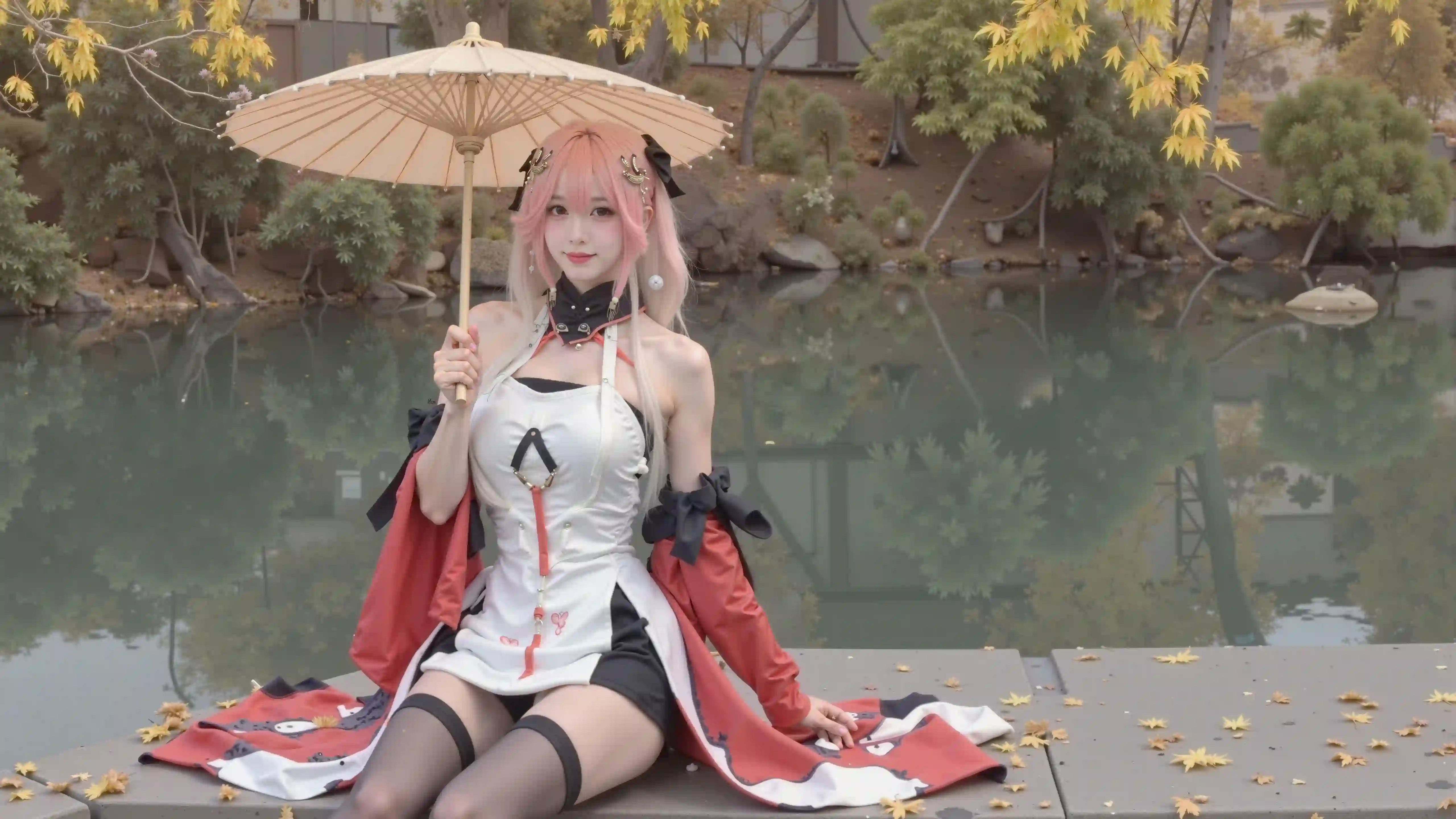 长发美女 雨伞 长腿 丝袜 户外 小河 Coser