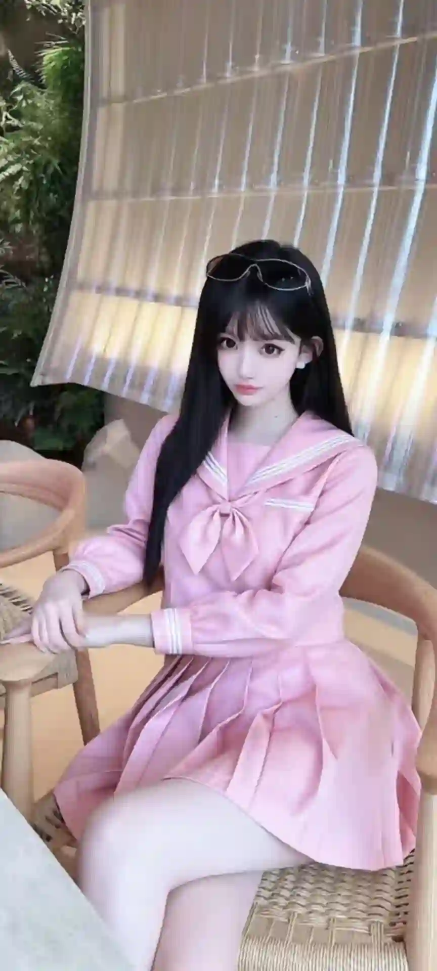 粉色水手服 女孩 坐姿 室内 绿植 时尚