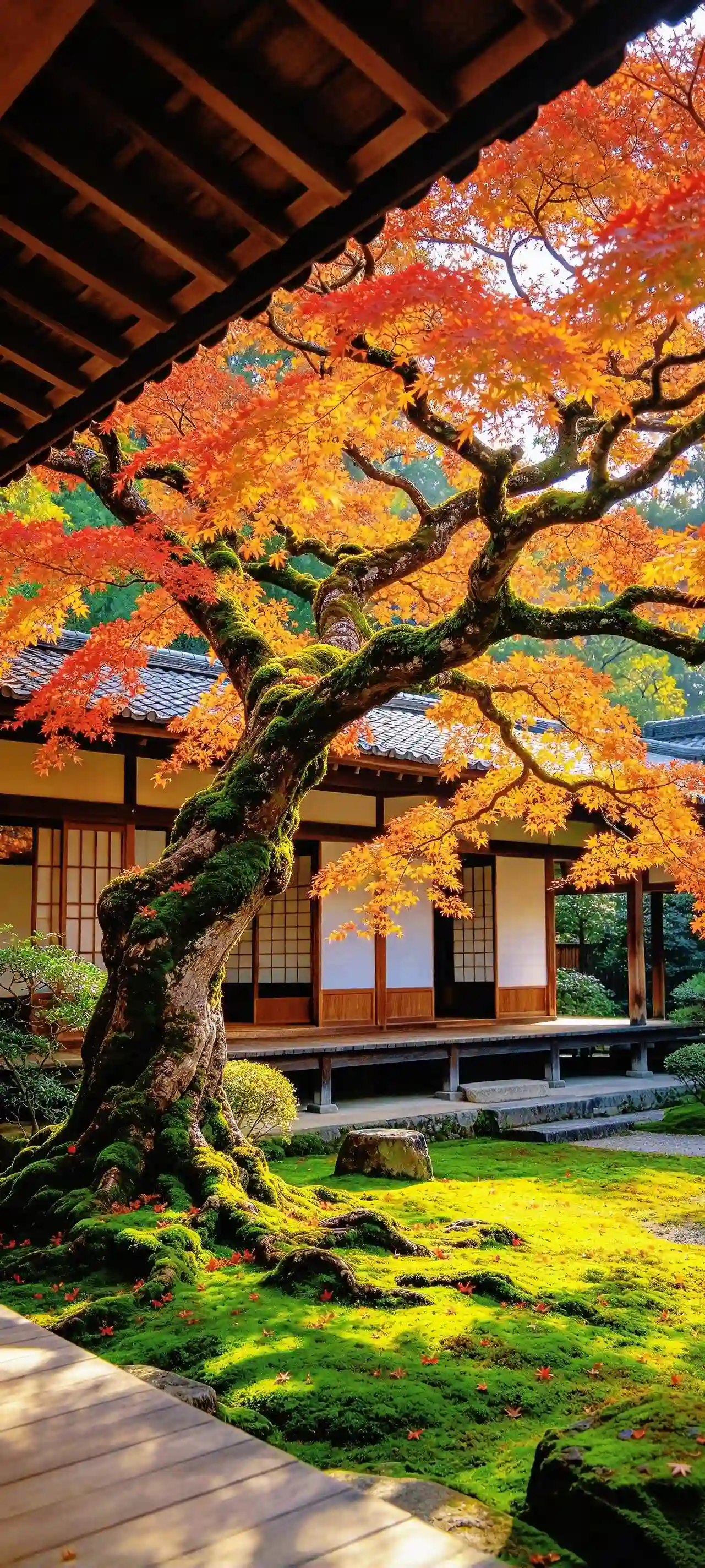 日式庭院 秋天枫叶 古枫树 青苔 风景壁纸