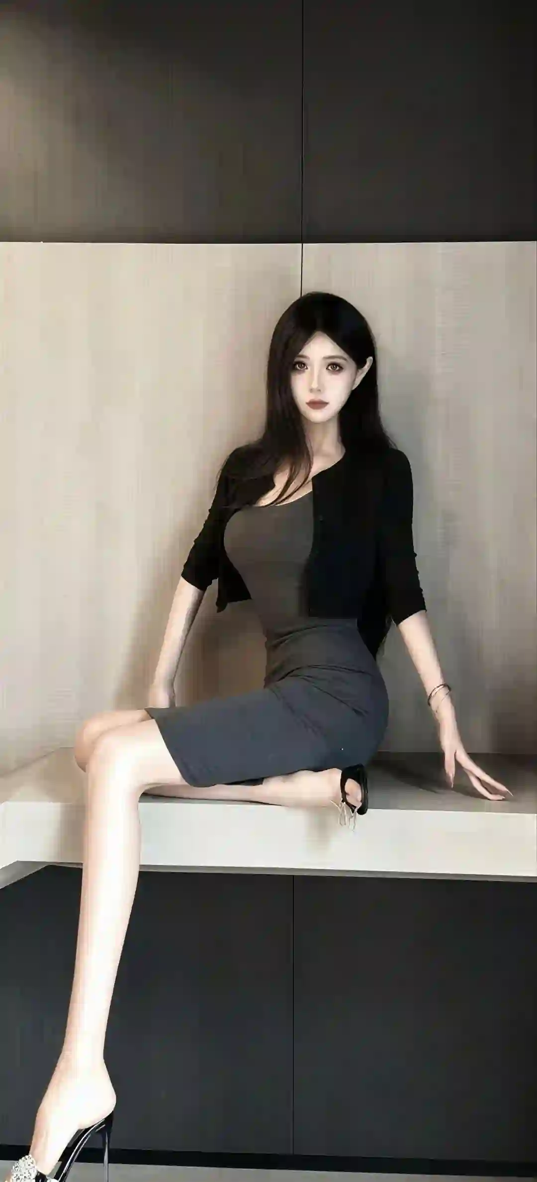 高冷美女 黑色外套 灰色包臀裙 坐姿写真 白色丝袜 高跟鞋 职业穿搭