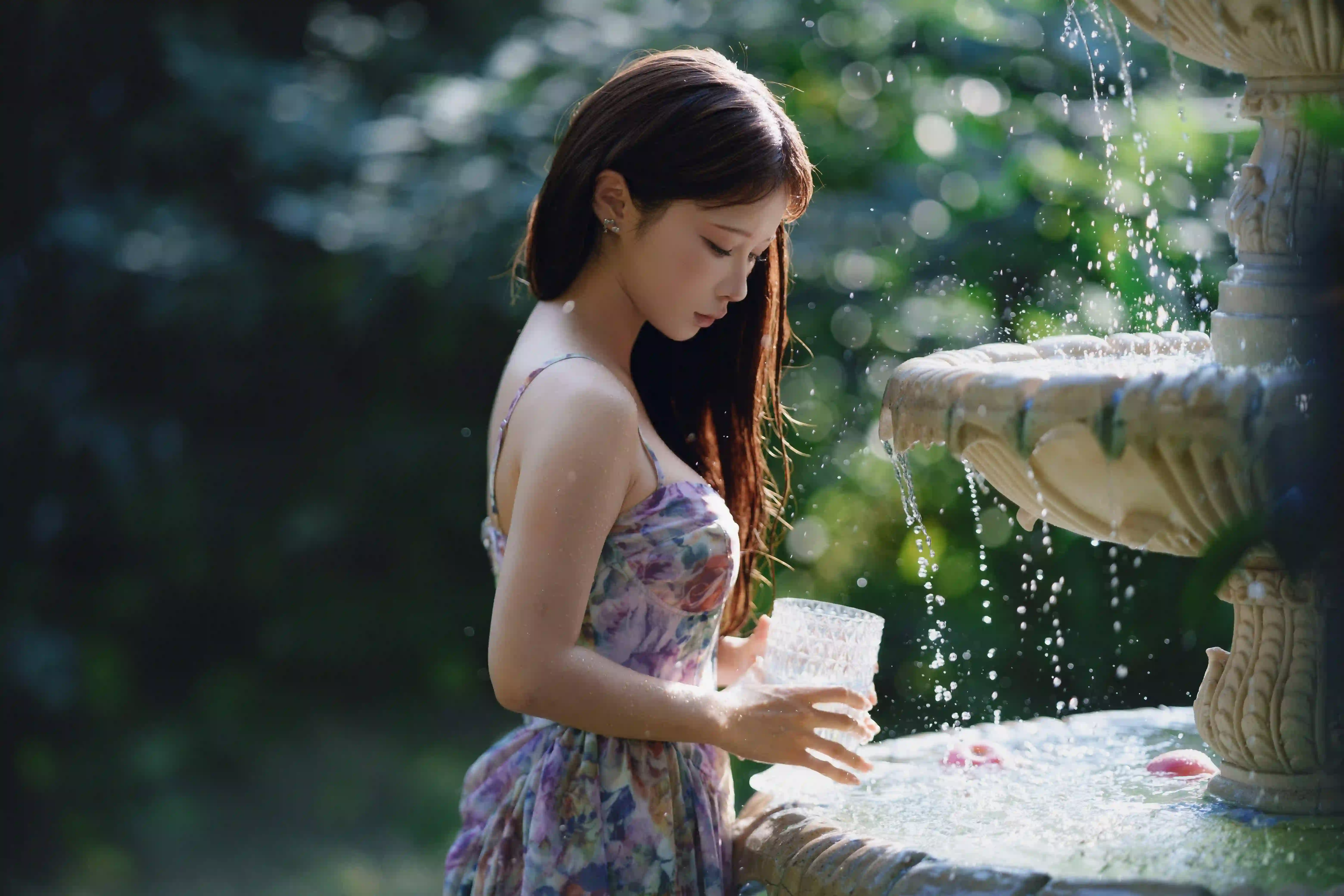 长发性感美女 碎花裙 喷泉 性感 户外