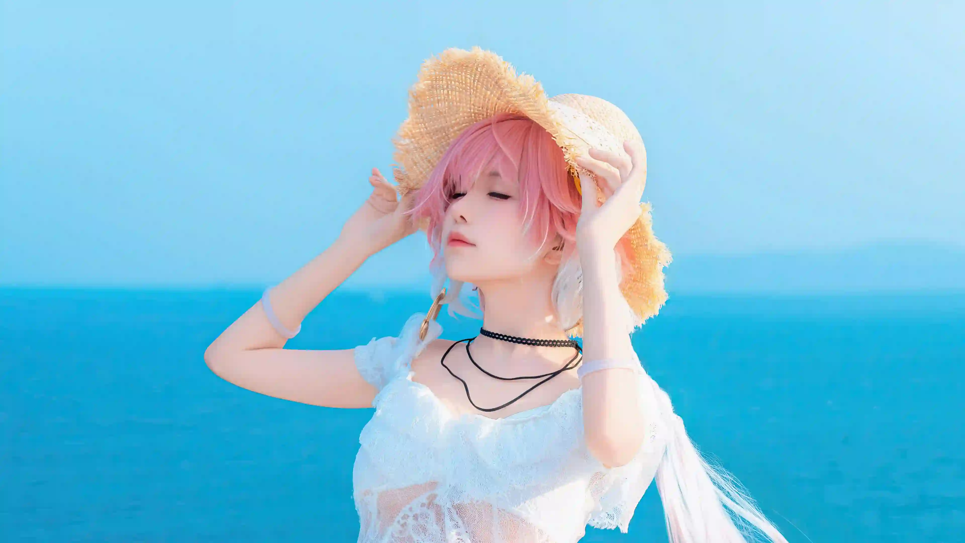 粉发女孩 草帽 海边 写真 夏日 清新