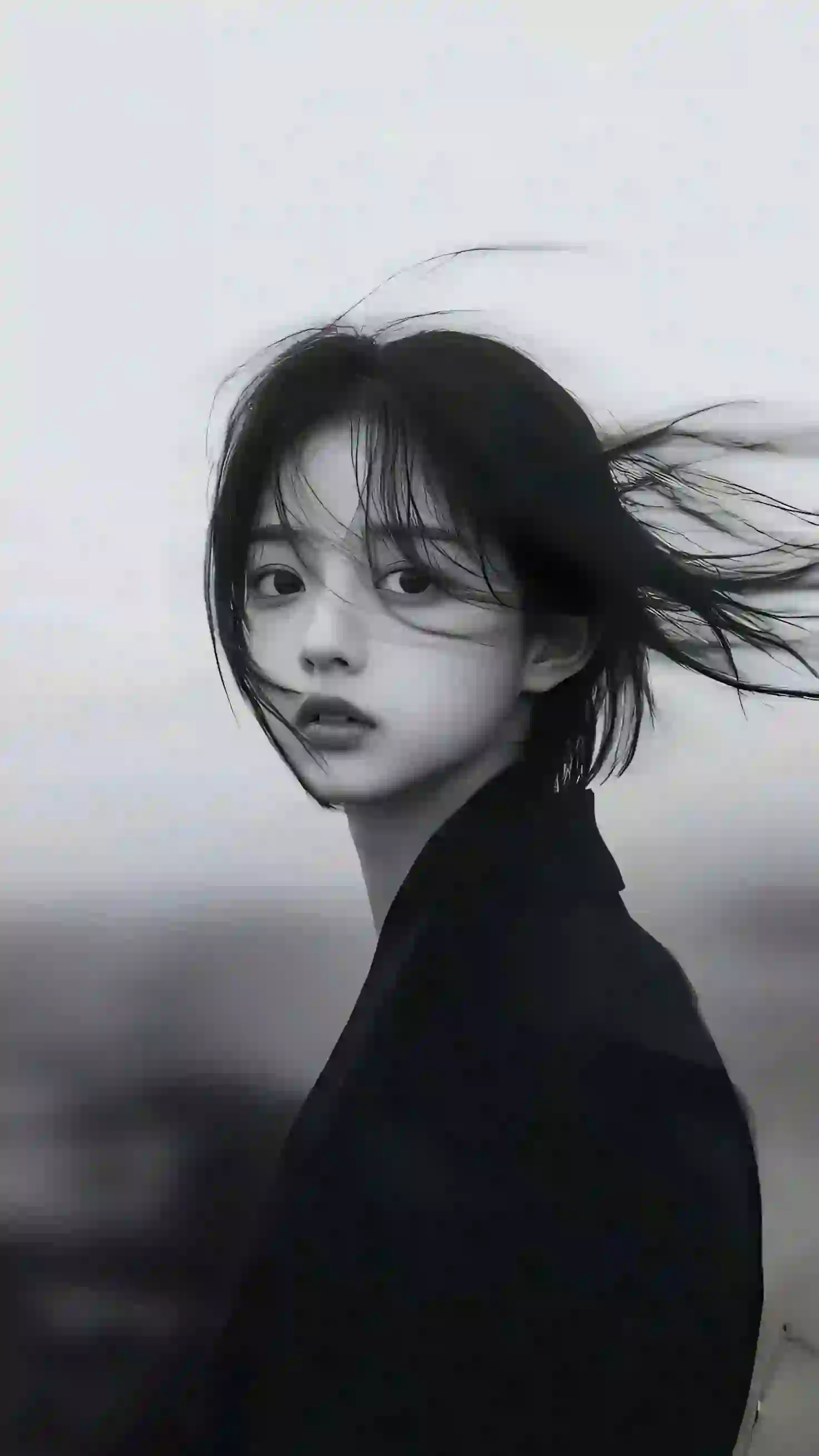 微风吹拂 黑白风格 长发美女 黑色西装