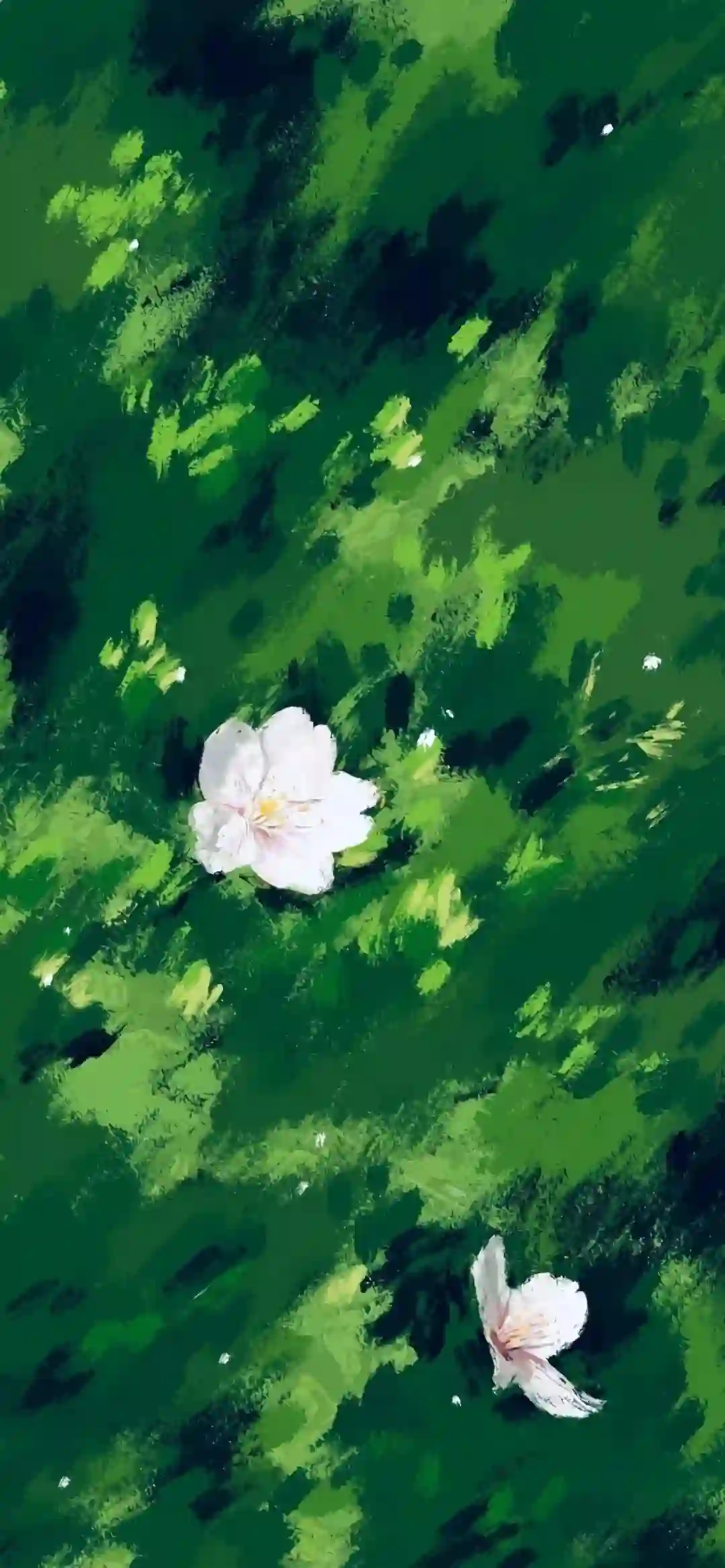 油画 白色花朵 绿色植被 艺术 插画 壁纸