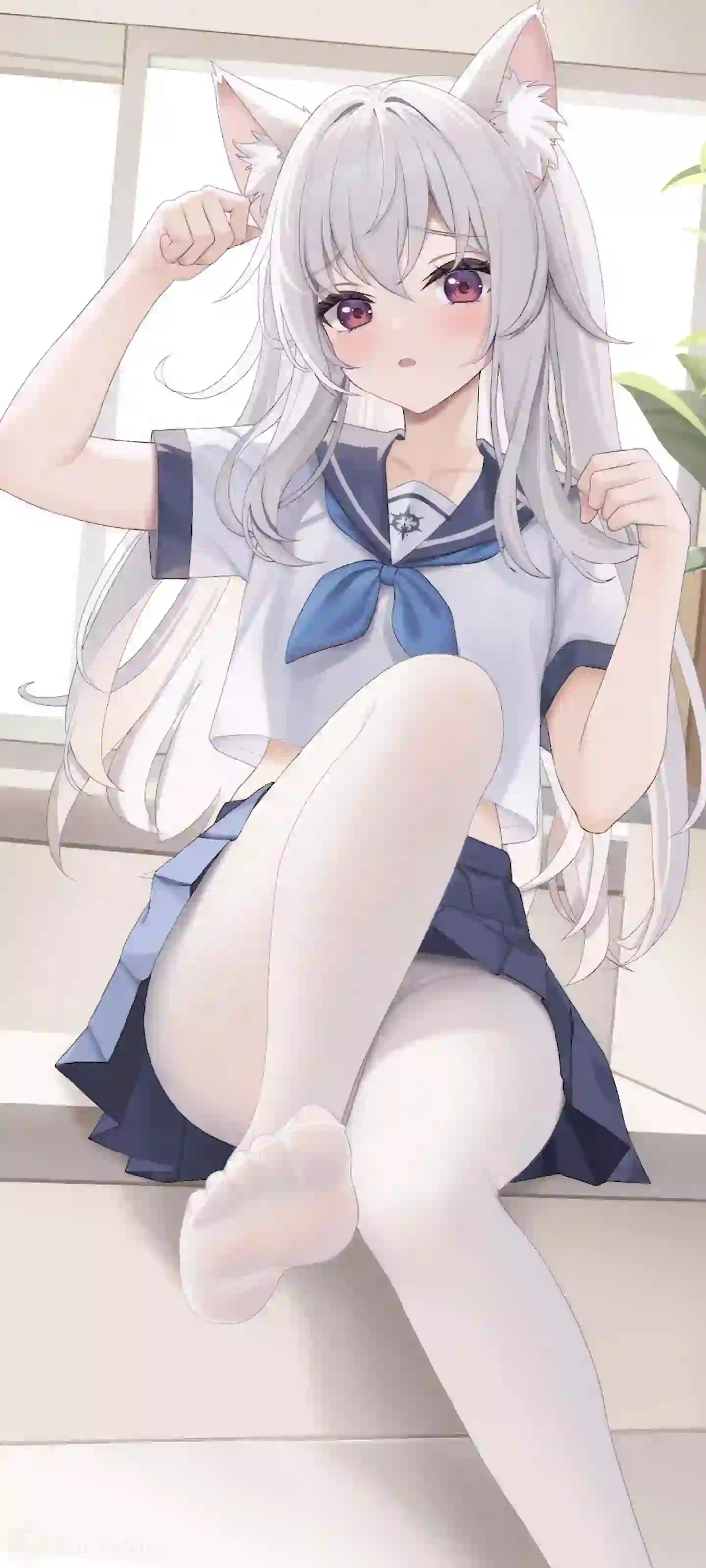 可爱猫耳女孩 动漫女孩 丝袜美腿 学院风 白色丝袜