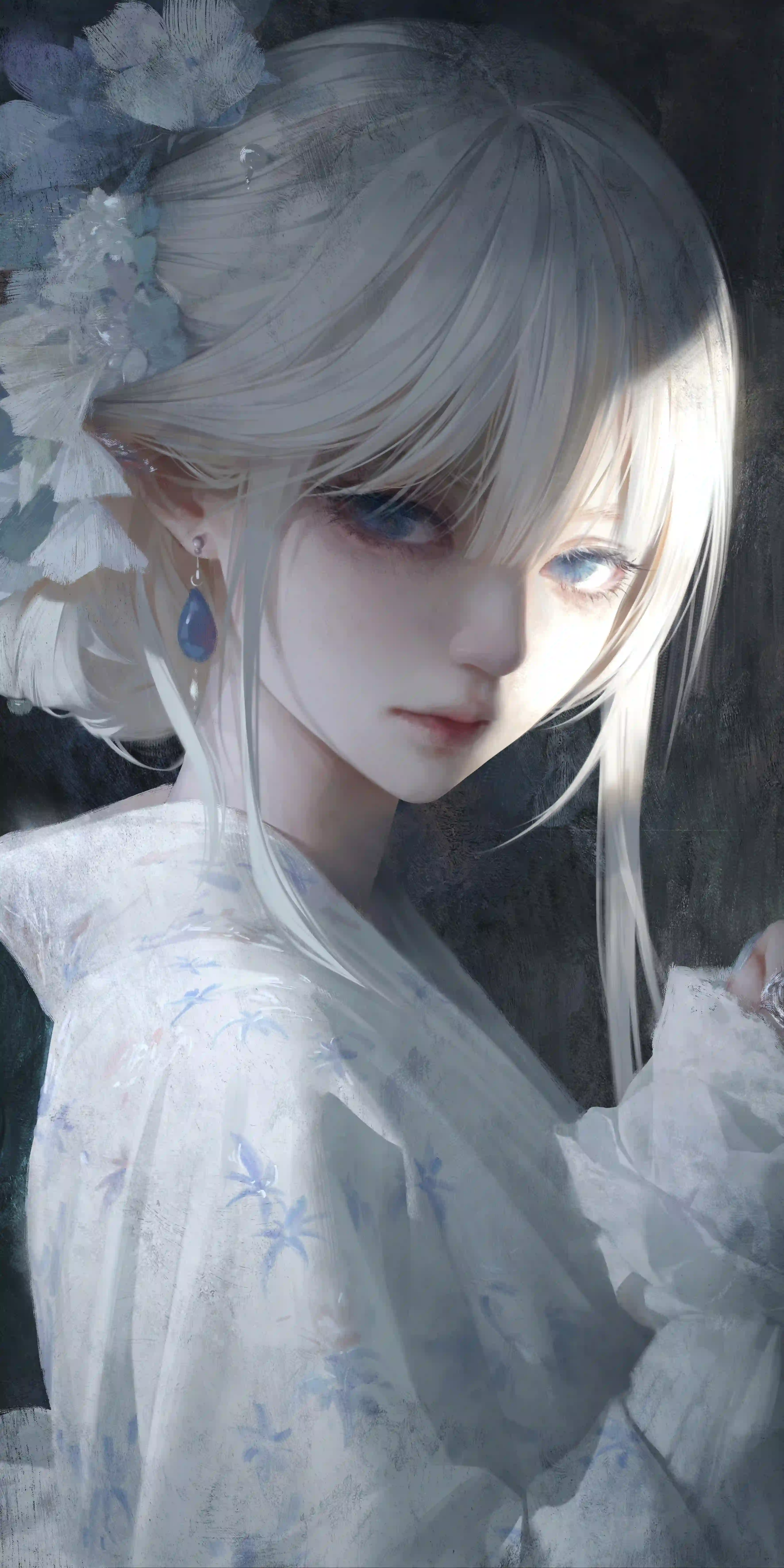 白发少女 蓝眼 唯美插画 白纱裙 蓝花发饰 空灵 油画风