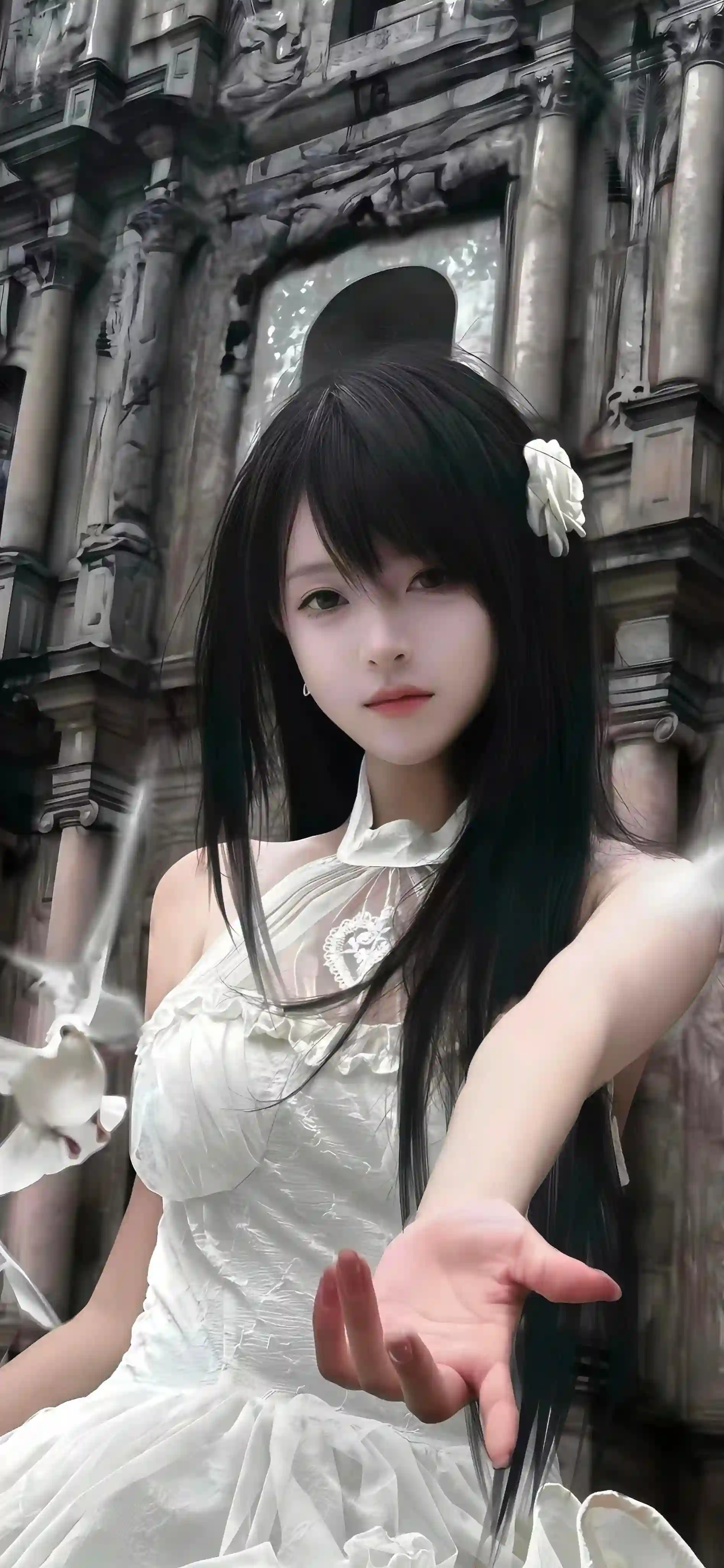 白裙美女 古建筑 户外写真 长发白裙美女 清纯美女