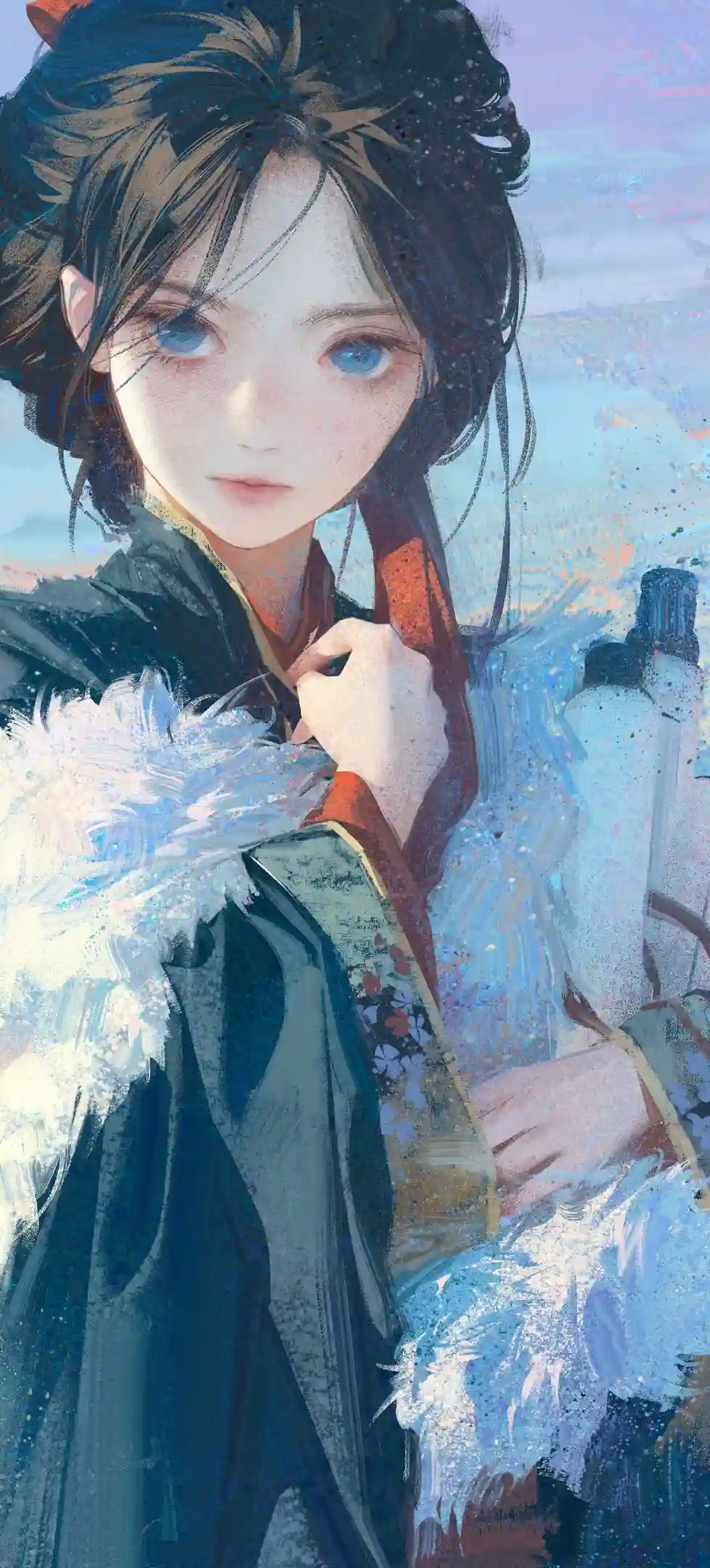 动漫女孩 冬天 白色 画 