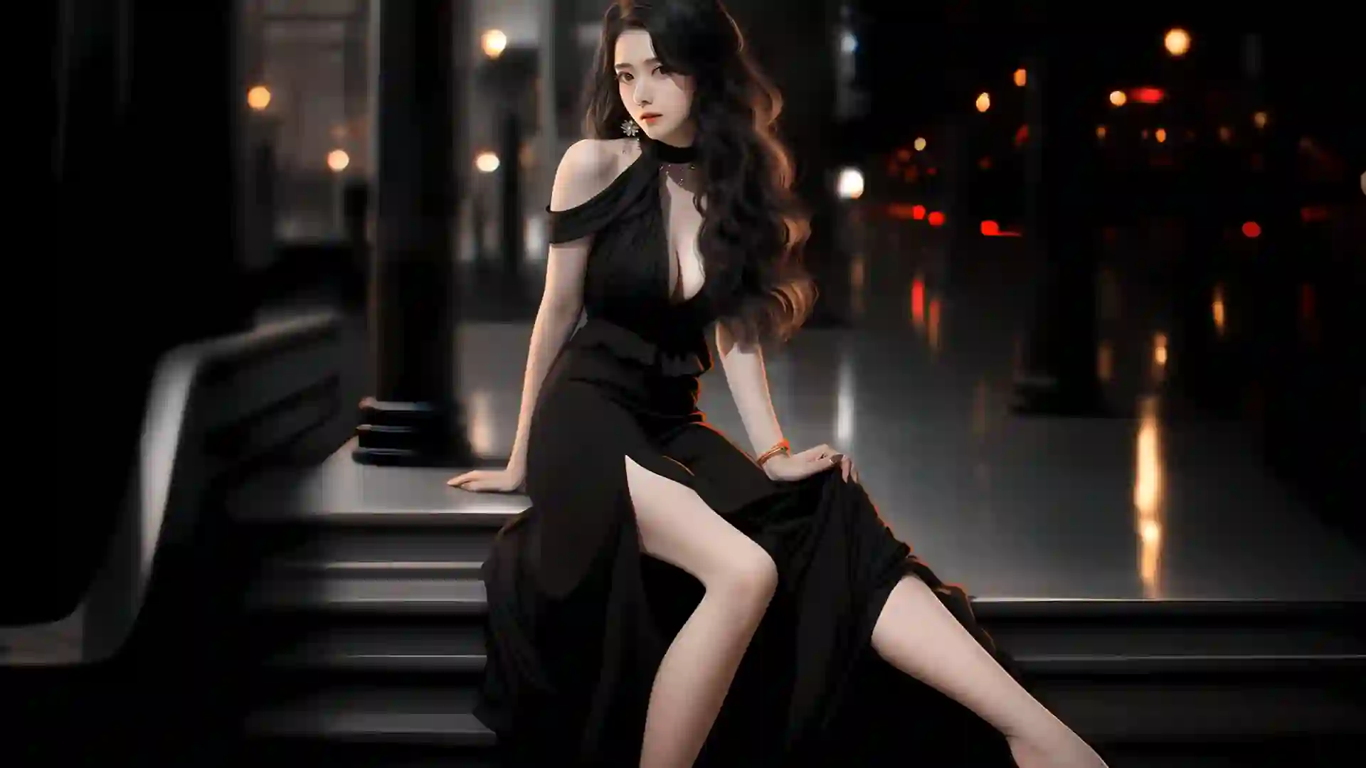 Ai 长发性感美女 长腿美女 黑色长裙 城市夜景
