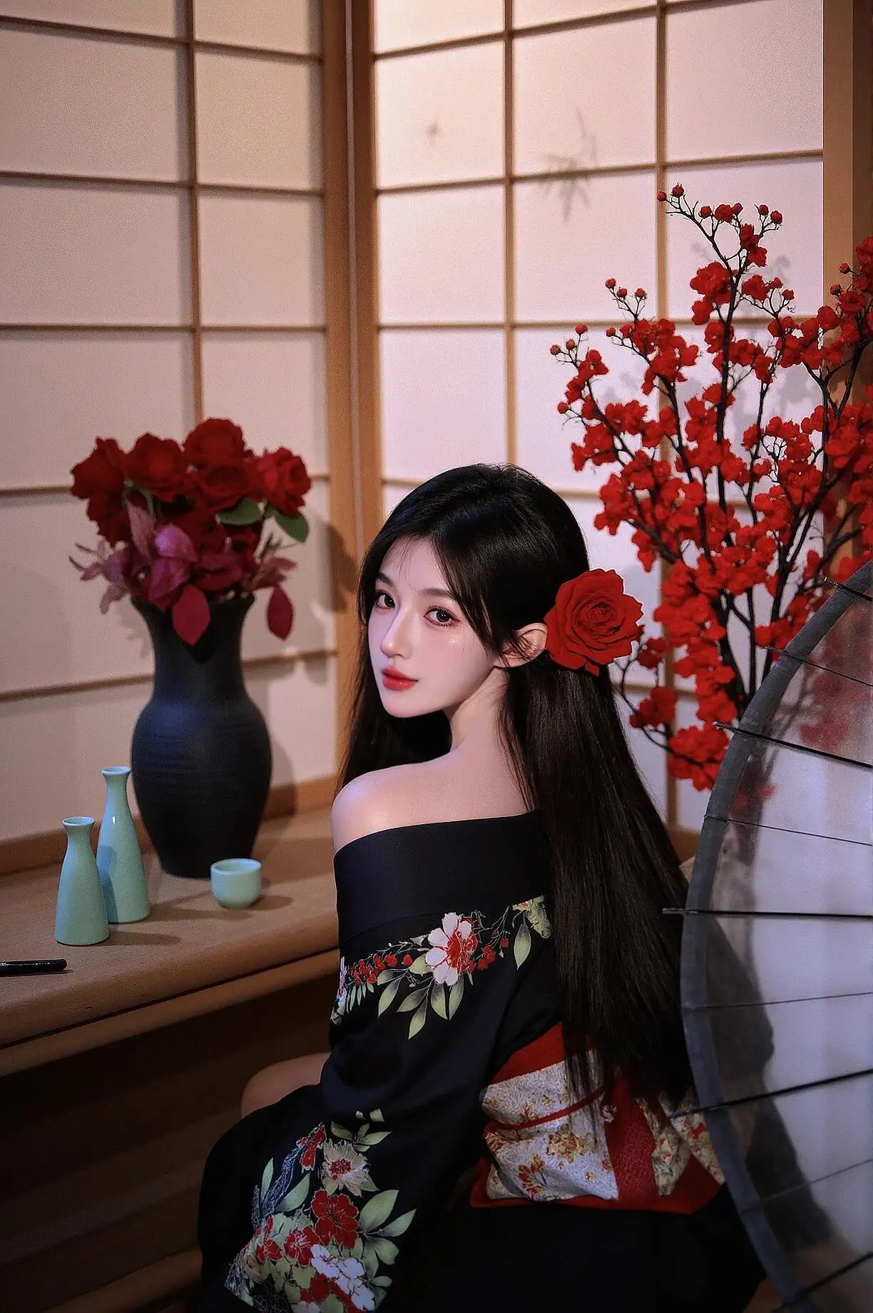 长发 露肩 头戴红花 和服美女