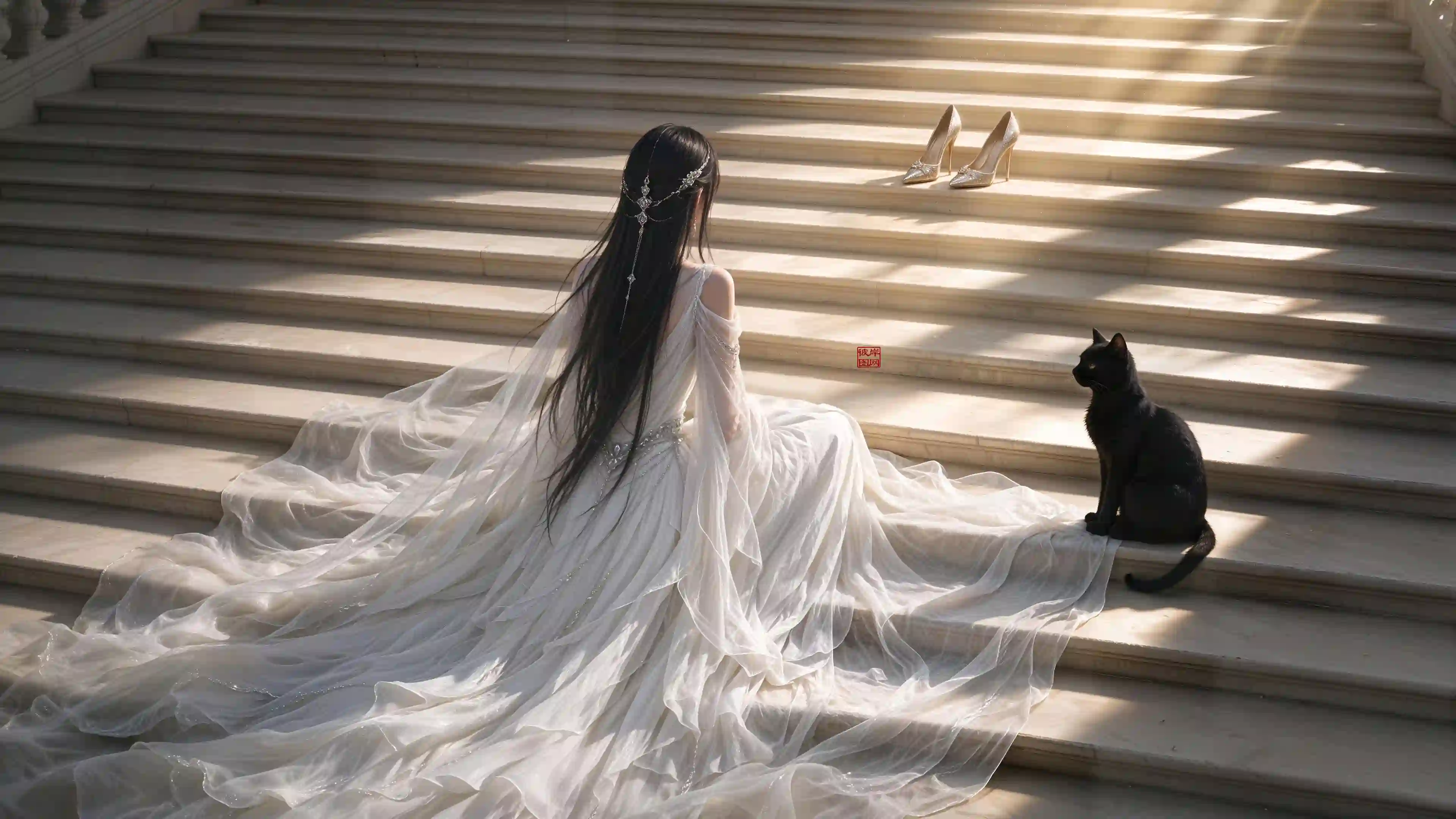 白裙少女 黑猫 石阶 阳光 唯美人像 高跟鞋