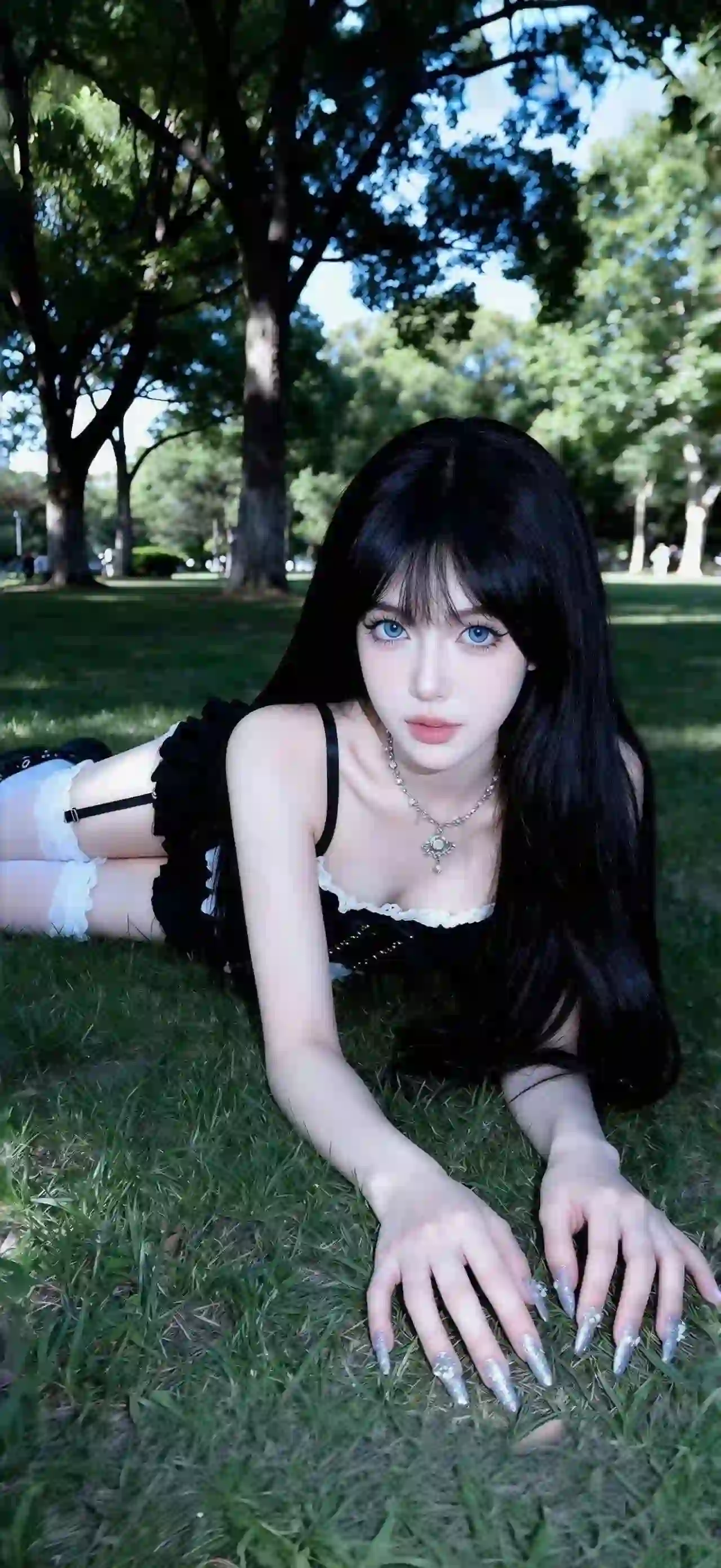 白色丝袜 户外 长发美女 性感美女 黑色吊带