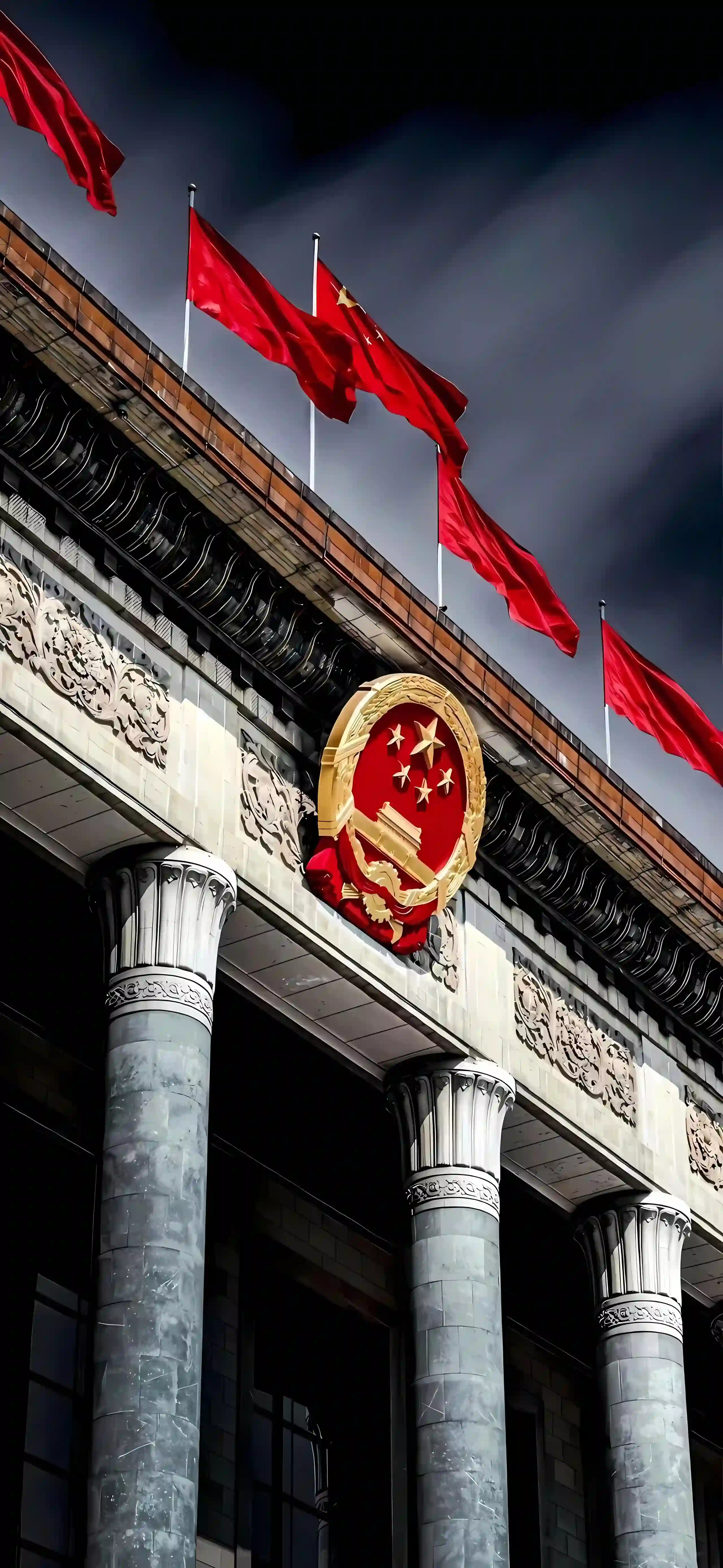 中华人民共和国 国徽 五星红旗 庄严建筑 红旗飘扬 国家建筑