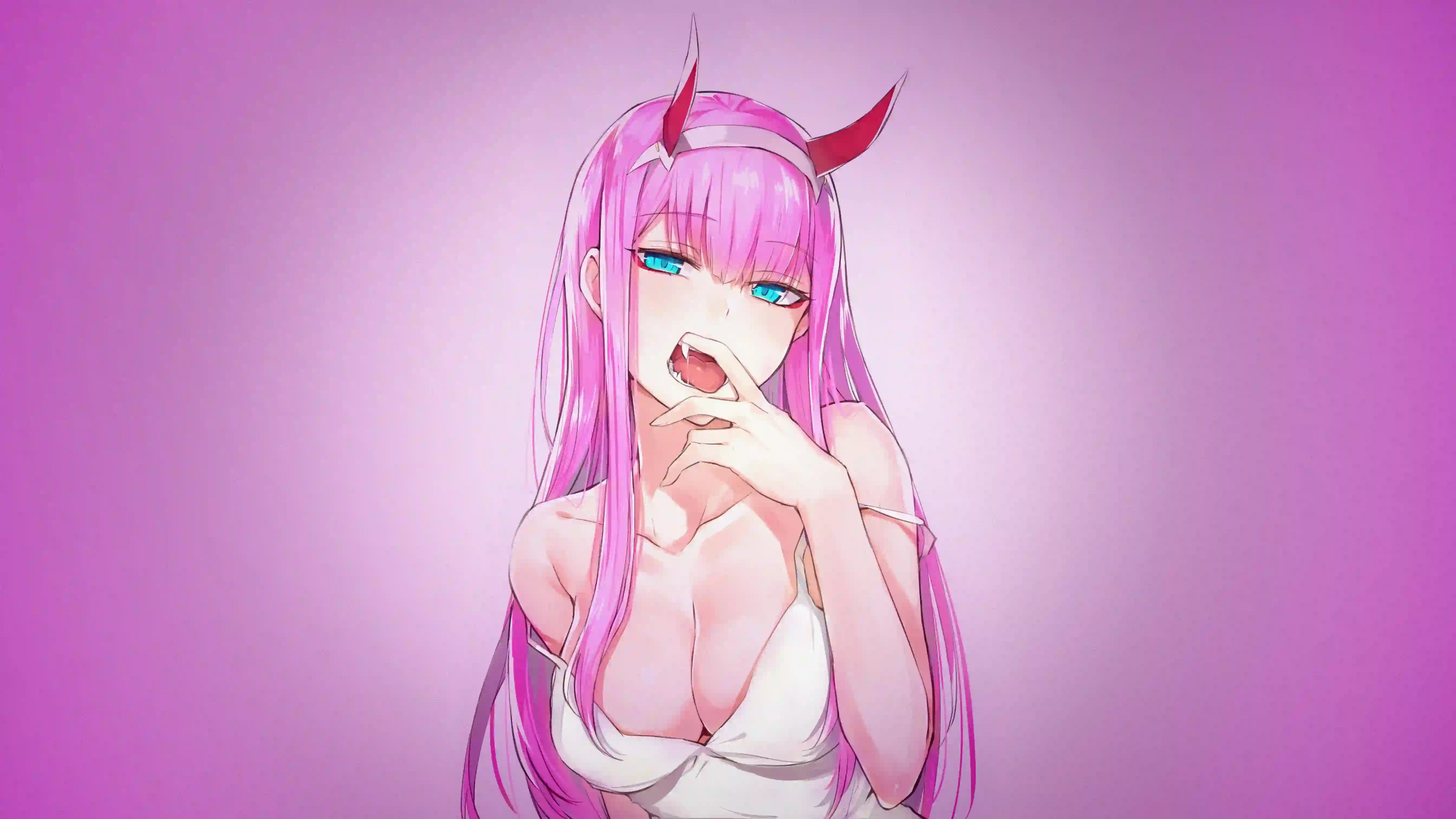 二次元 恶魔角 粉红色背景 粉红色头发 动漫女孩