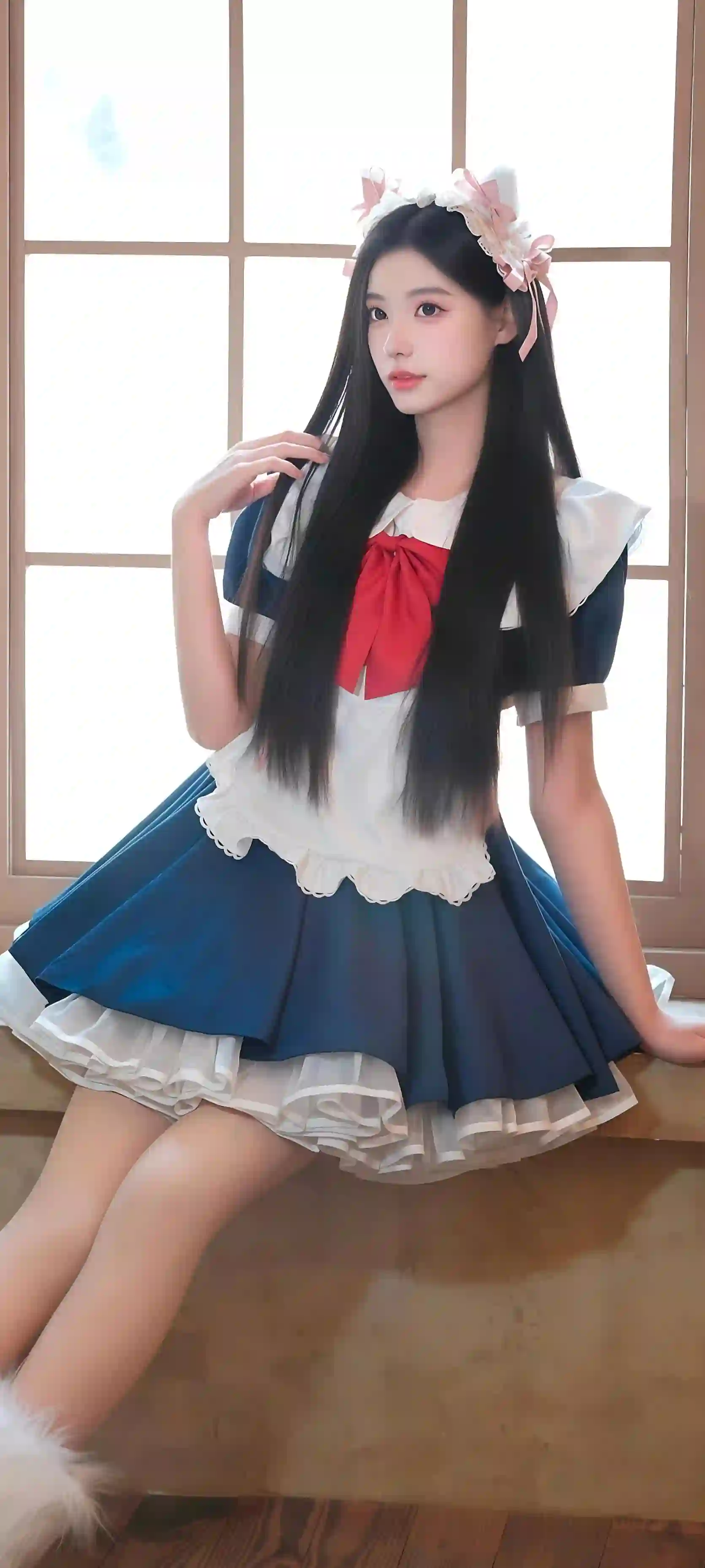 少女 长发 蓝白连衣裙 红色蝴蝶结 窗边 清纯 甜美