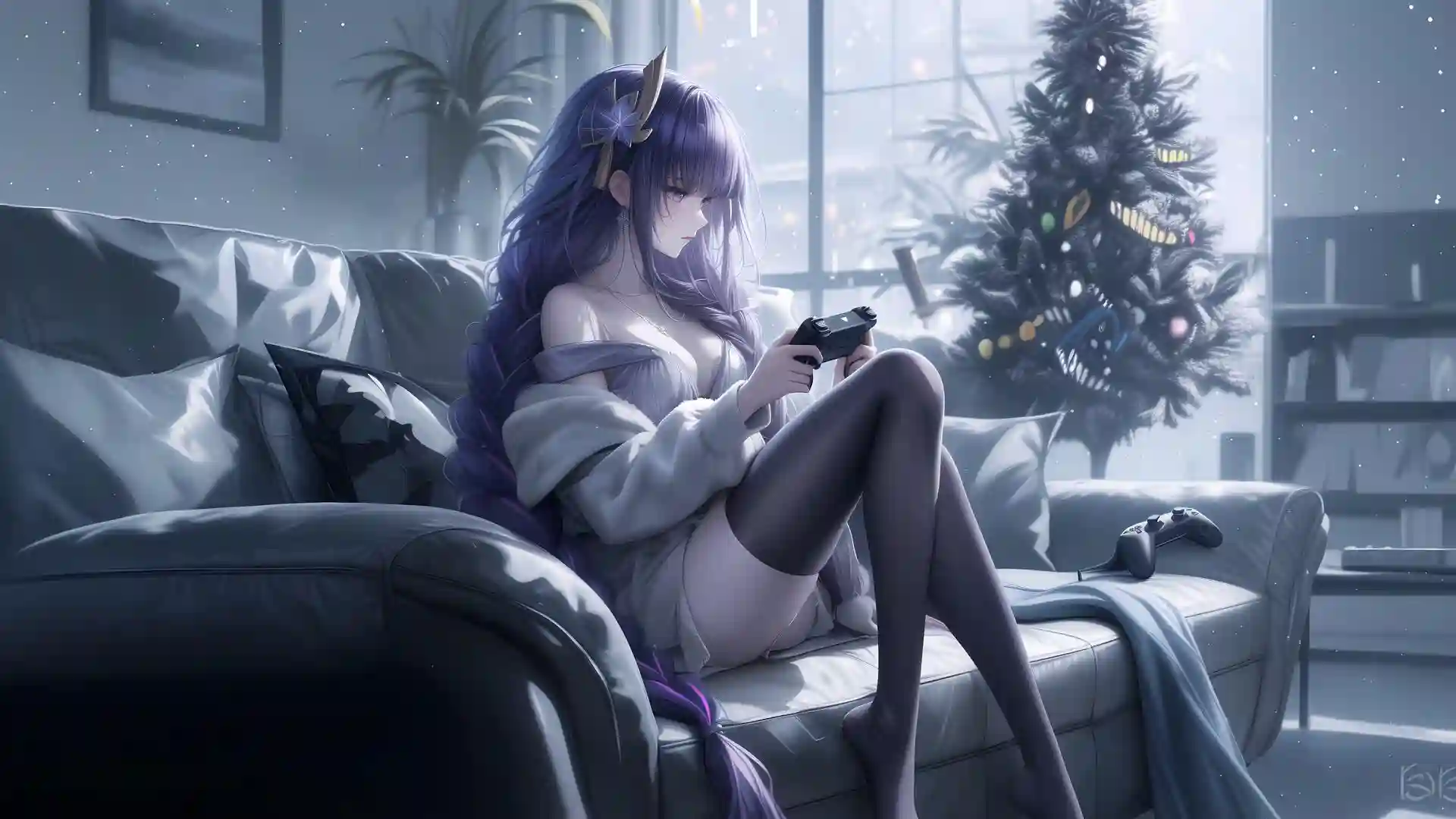 紫色长发动漫女孩 长腿黑色 抹胸穿搭 圣诞树 打游戏的女孩 休闲居家
