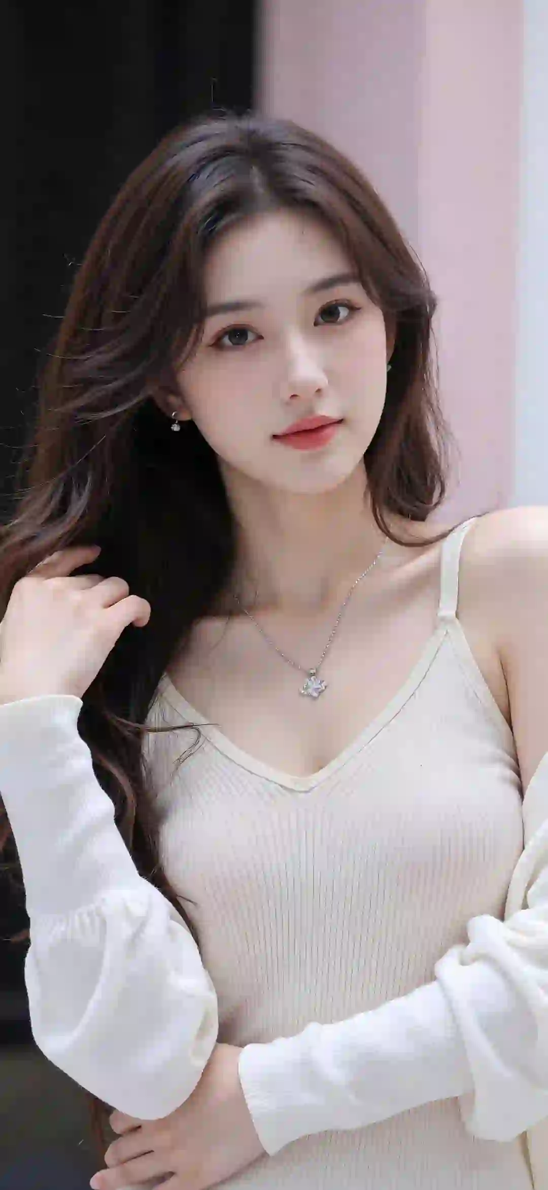 长发清纯美女 白色吊带美女
