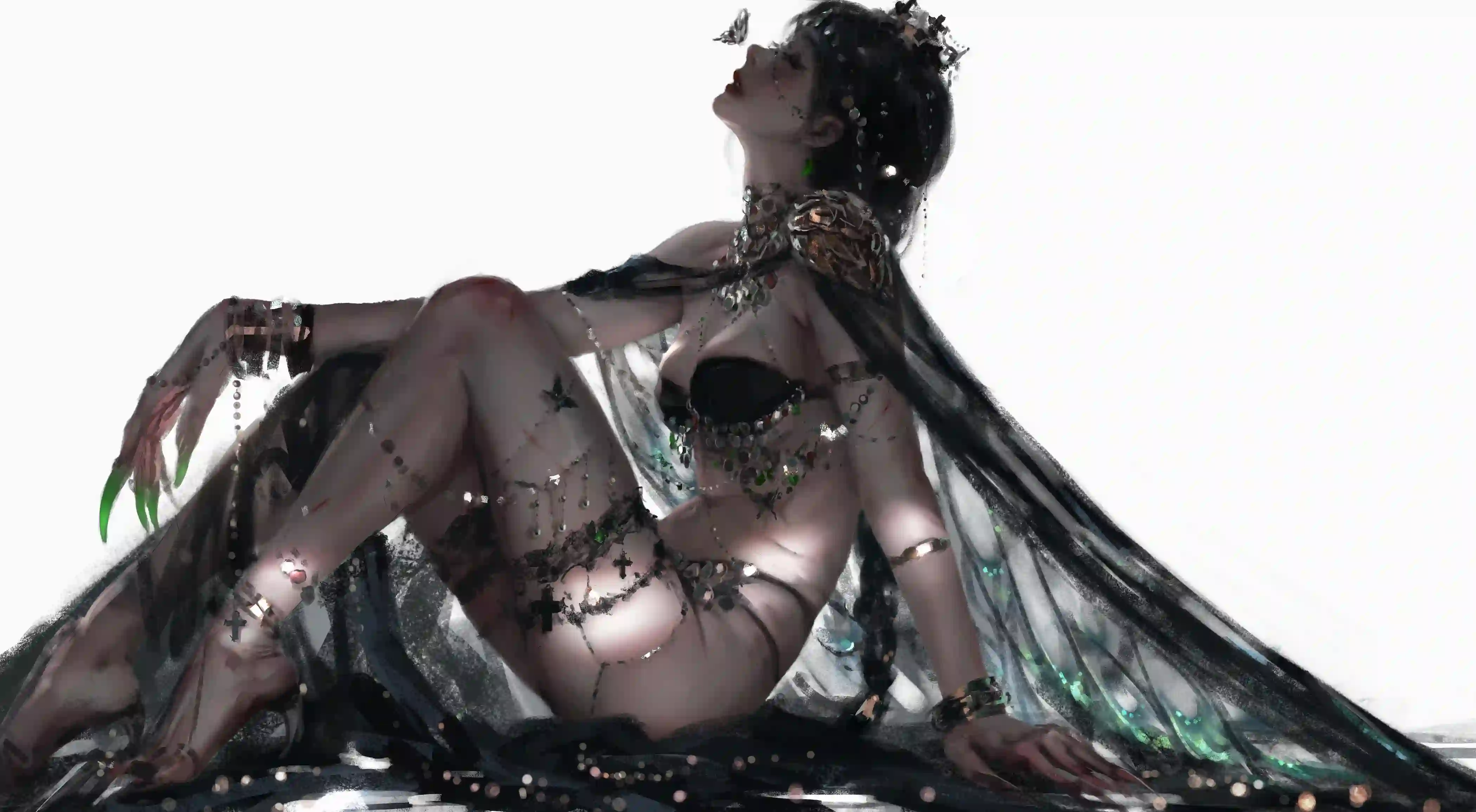 wlop 动漫女孩 二次元 性感美女 公主 风铃 光影 坐姿