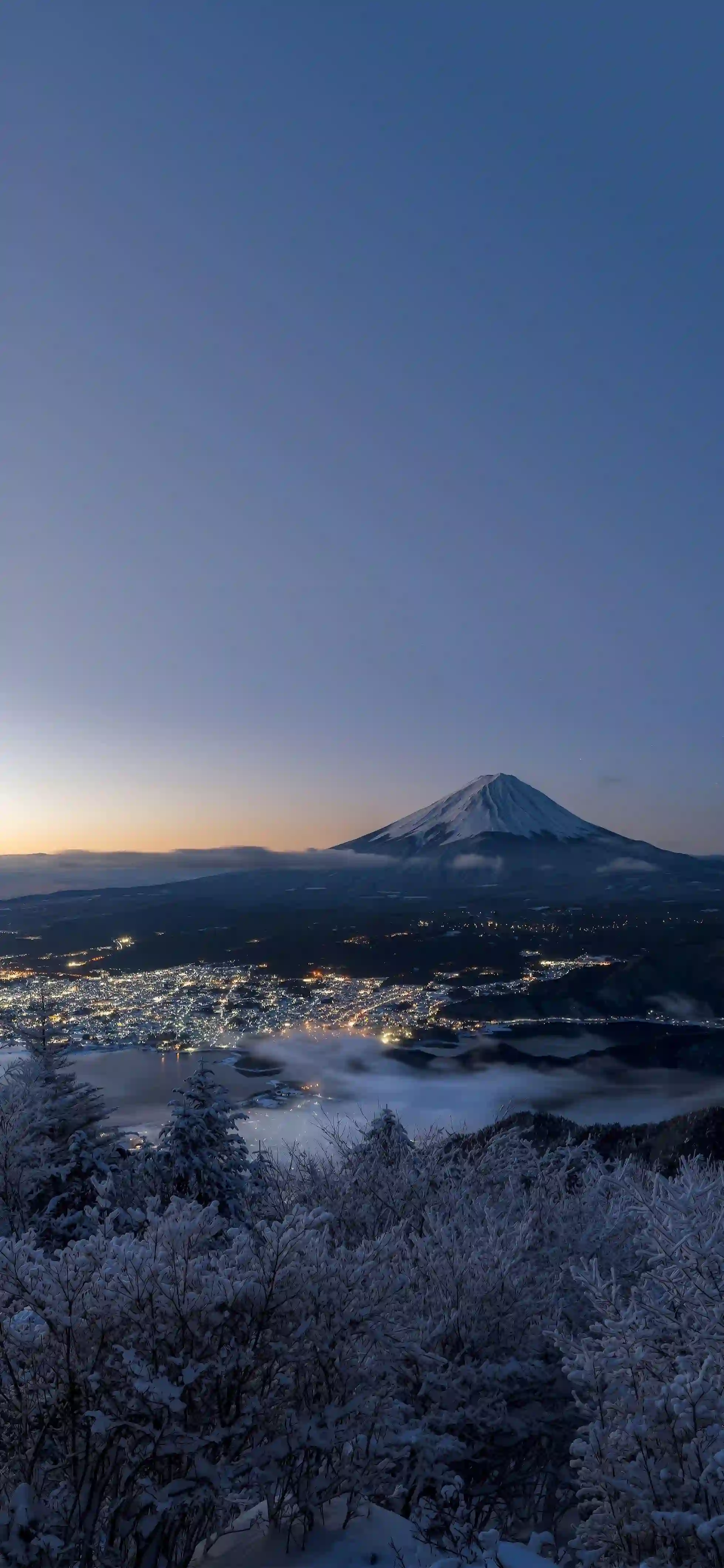 富士山 黄昏 雪景 城市灯光 自然风光 风景壁纸
