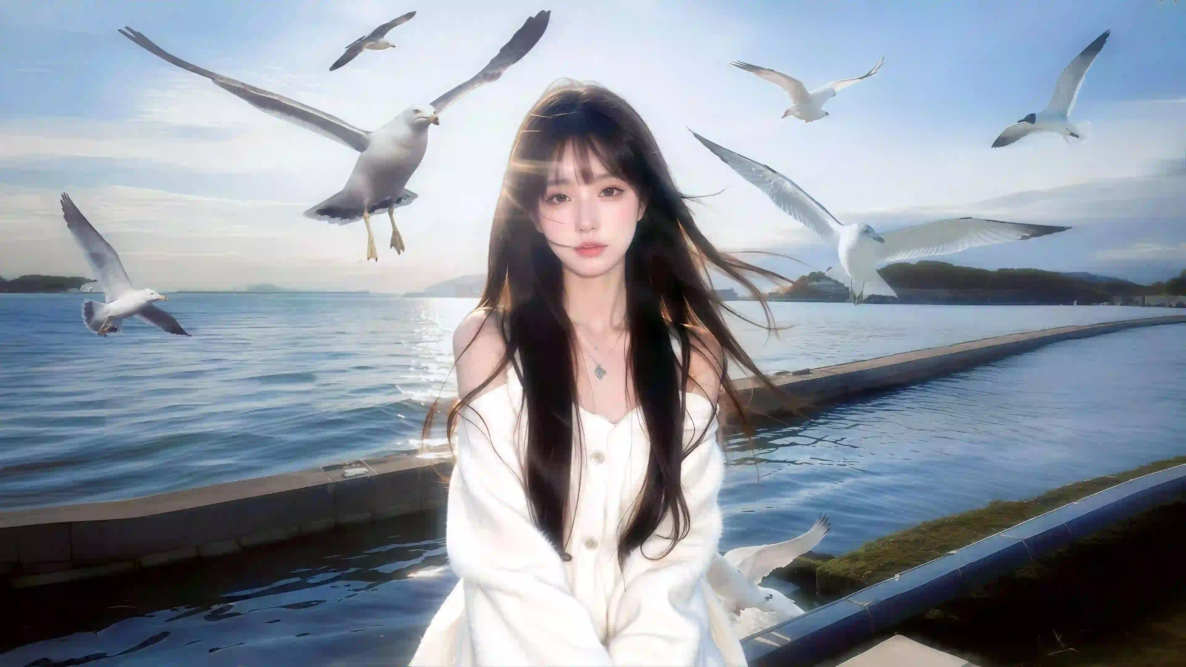 海鸥 长发白衣美女 清纯女孩 海边写真