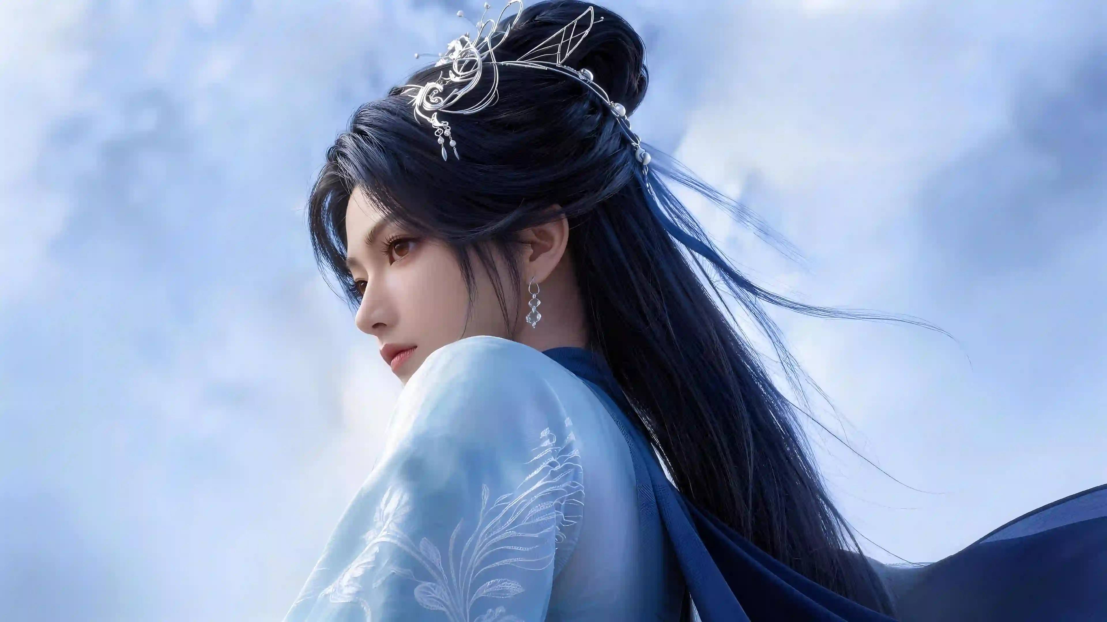 古风美女 汉服 唯美人像 蓝色纱衣 回眸 仙侠 氛围感 南宫婉