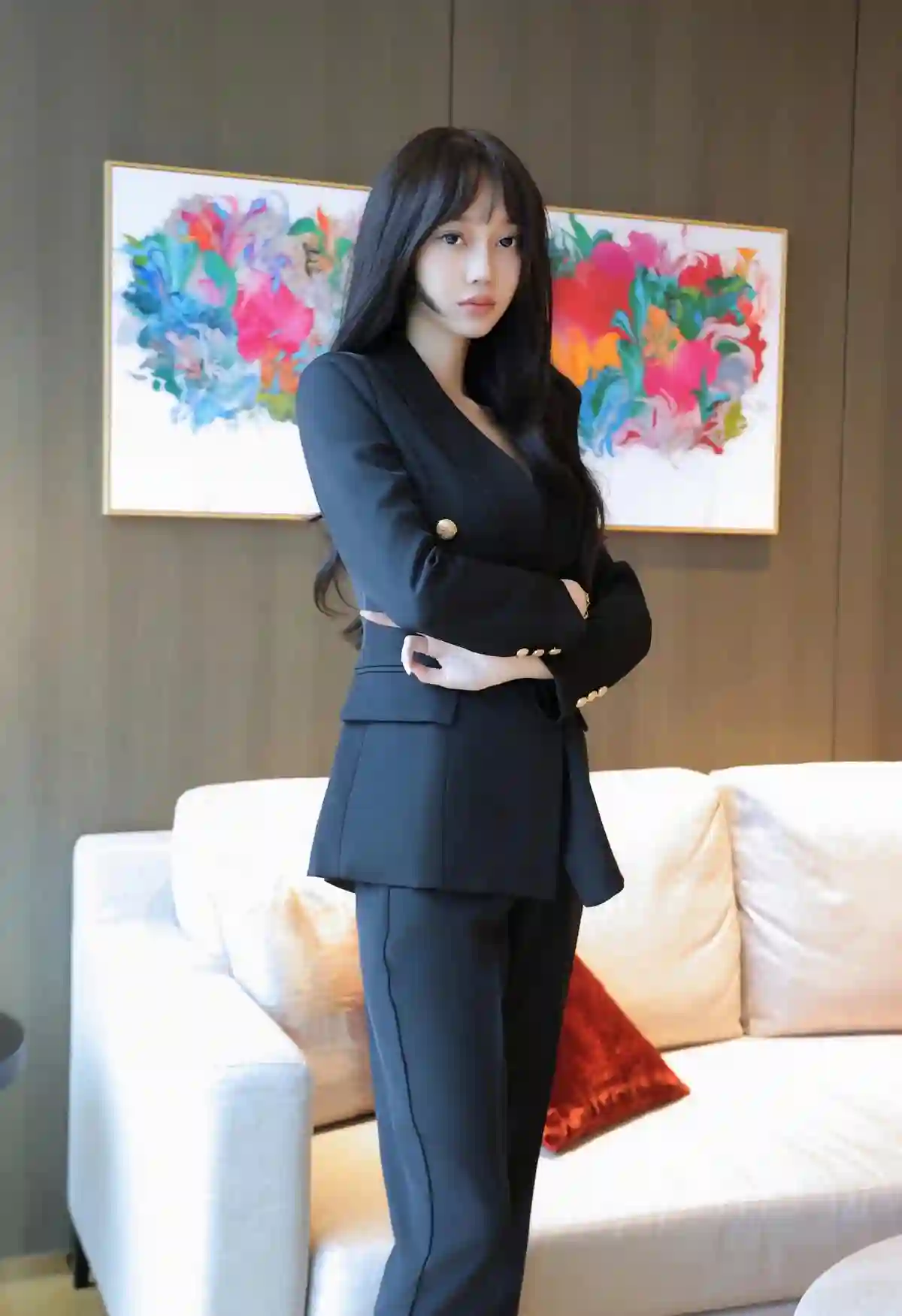 长腿黑丝美女 制服 写真 黑色丝袜 黑色西装 居家写真 性感美女 
