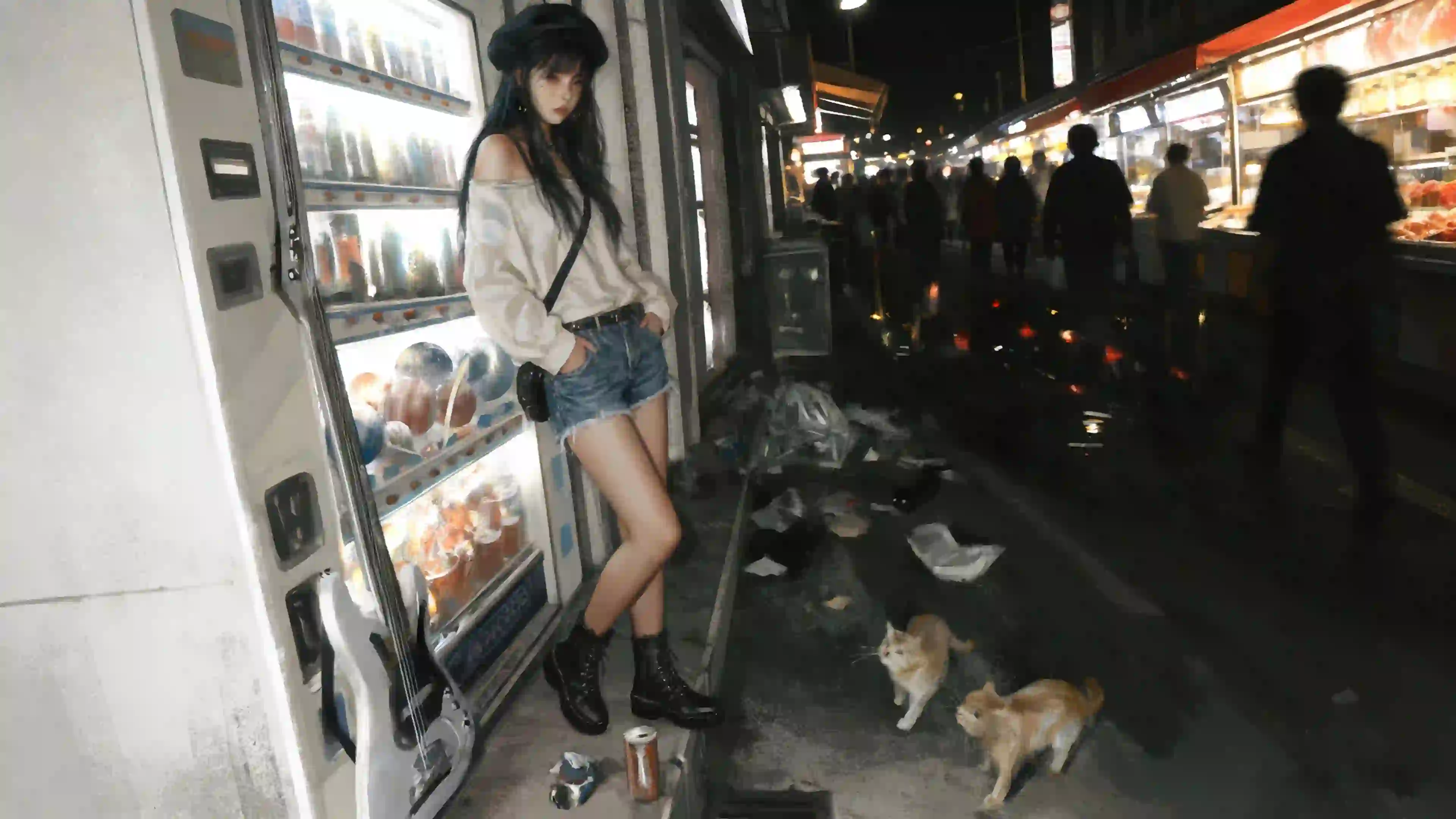 美食街 女孩 帽子 牛仔短裙 街拍 猫咪 wlop